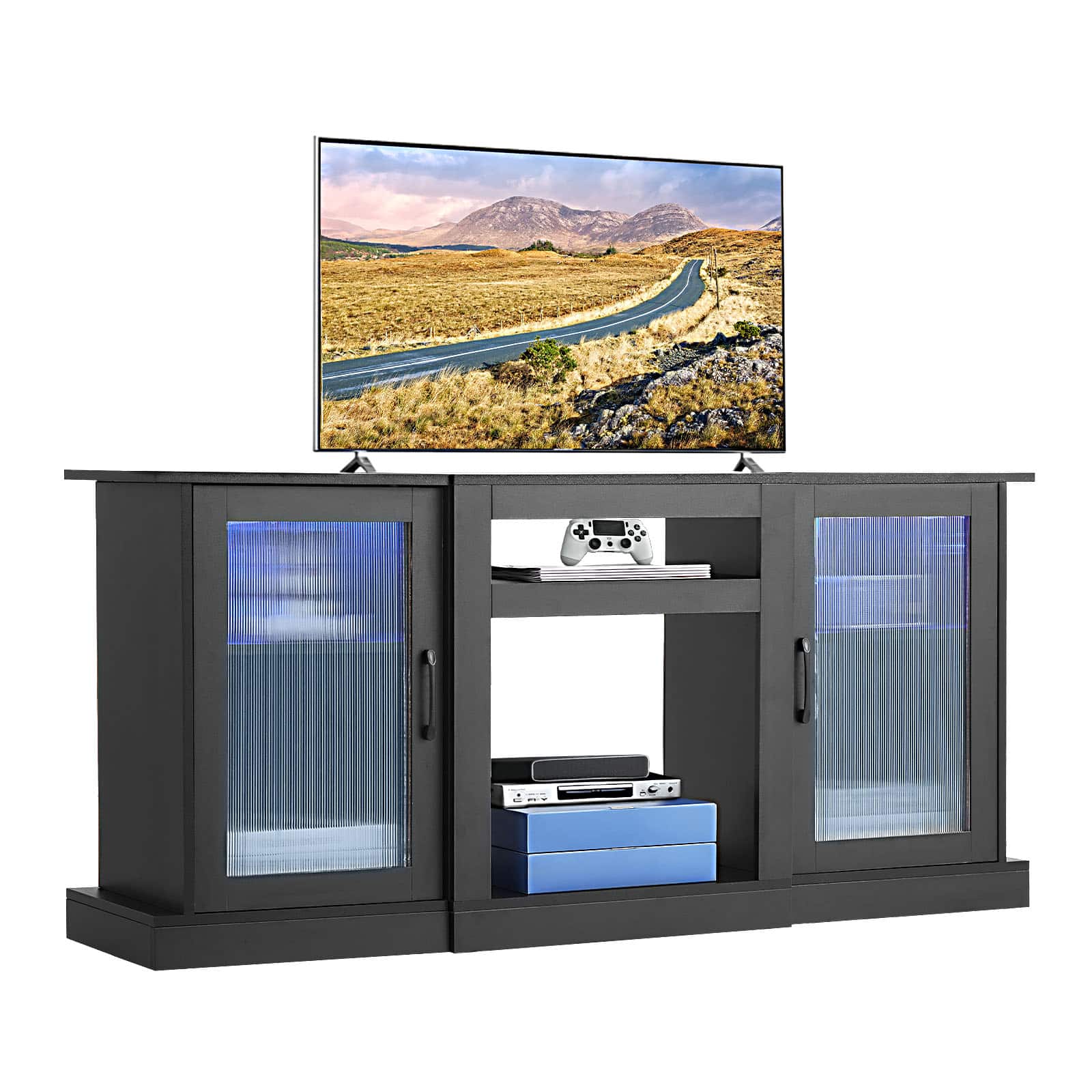 VEVOR - TV Stand for TVs up to 65 inch, Modern Entertainment Center with Light Strip, Wooden TV Cabinet Storage - Black