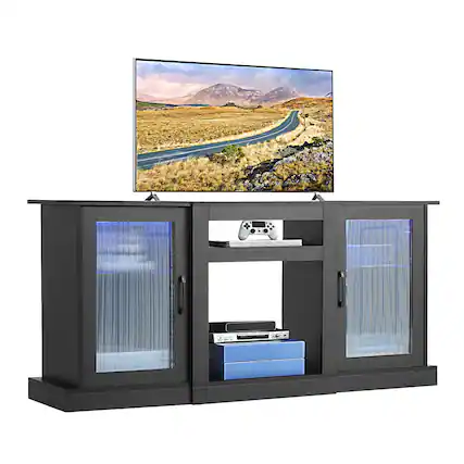 Front. VEVOR - TV Stand for TVs up to 65 inch, Modern Entertainment Center with Light Strip, Wooden TV Cabinet Storage - Black.