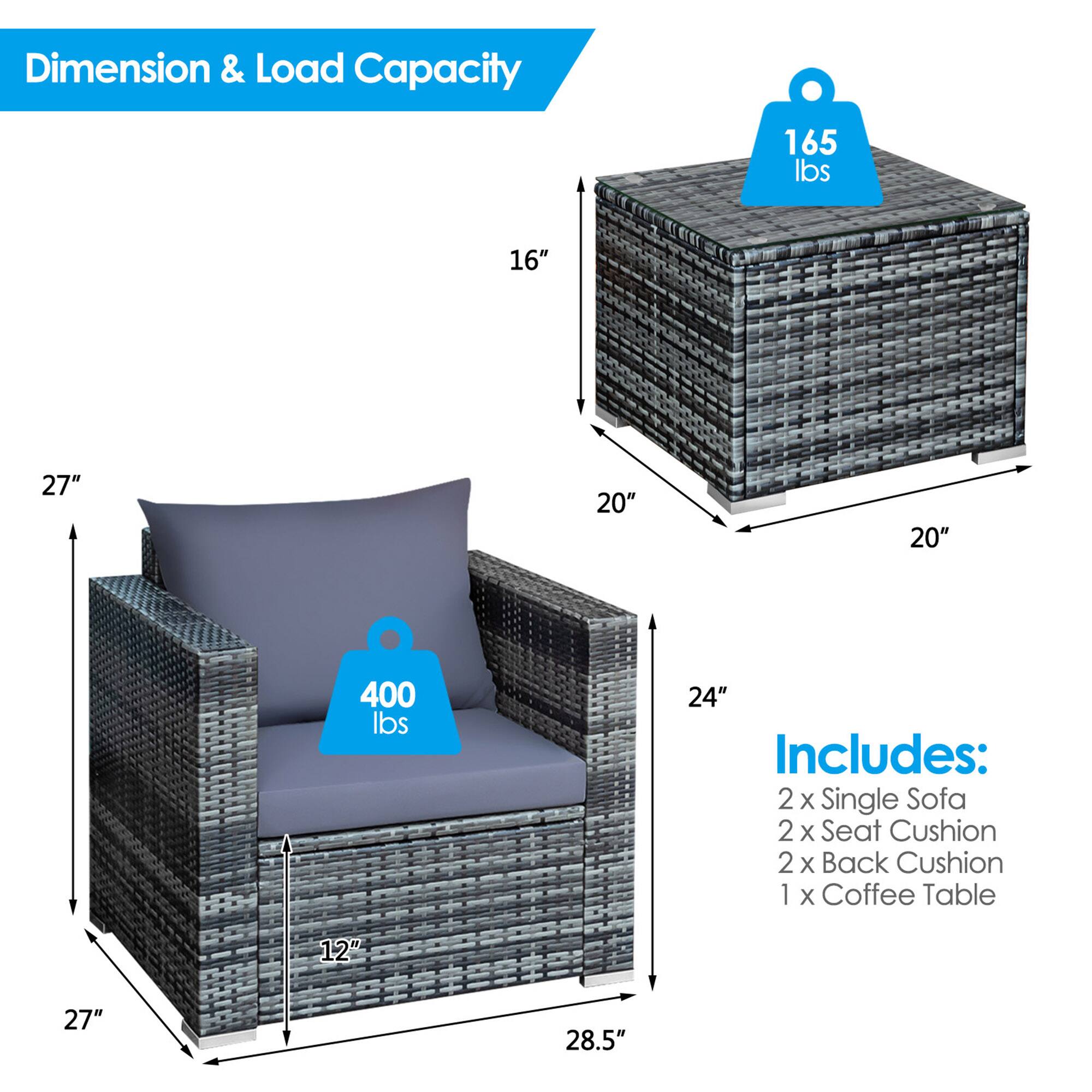 Dimension & Load Capacity

- 165 lbs
  - 16" x 20" x 20"

- 400 lbs
  - 27" x 28.5" x 24"

Includes:
- 2 x Single Sofa
- 2 x Seat Cushion
- 2 x Back Cushion
- 1 x Coffee Table
