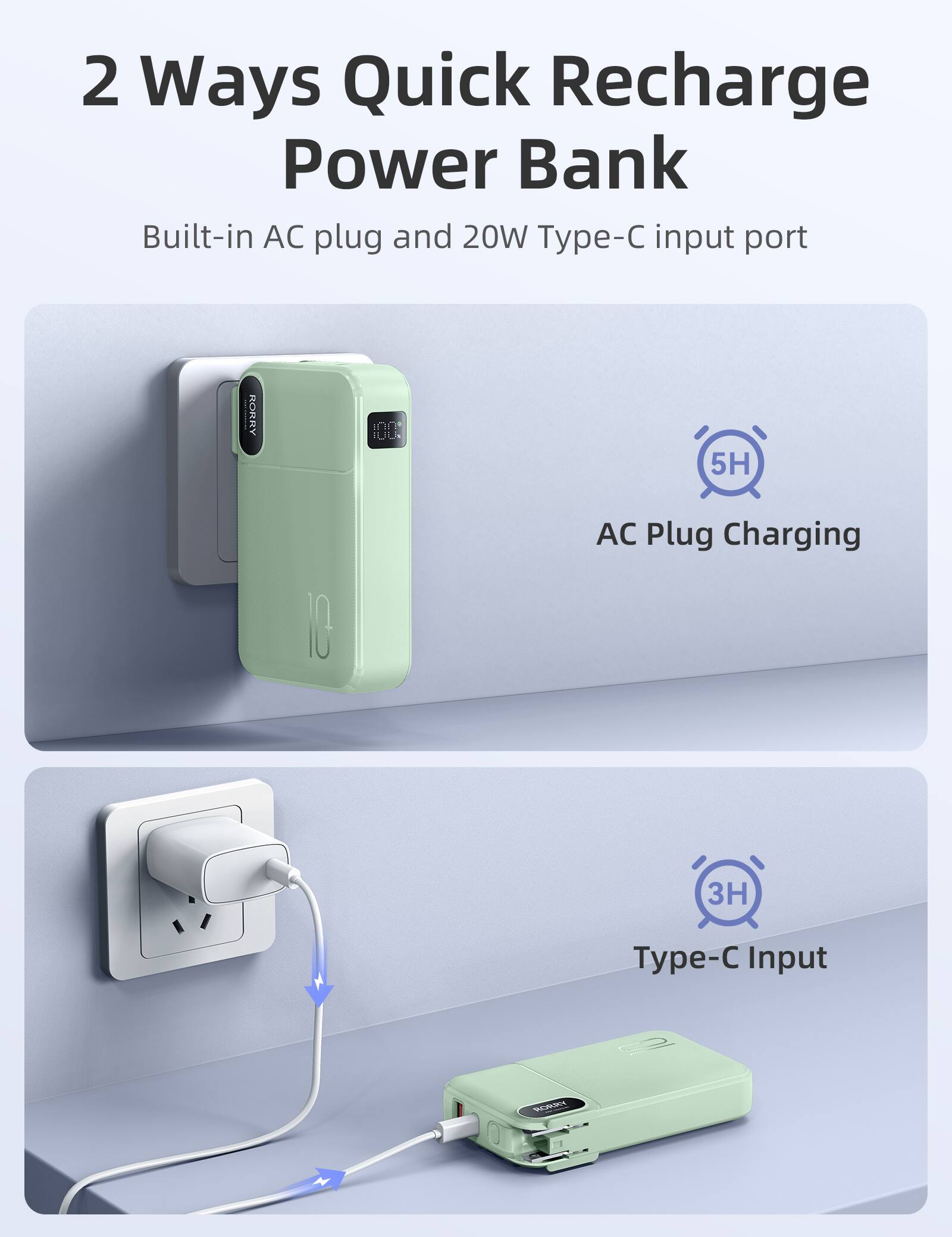 2 Ways Quick Recharge Power Bank  
Built-in AC plug and 20W Type-C input port  

KOKKY  
100%  
5H  
AC Plug Charging  
3H  
Type-C Input
