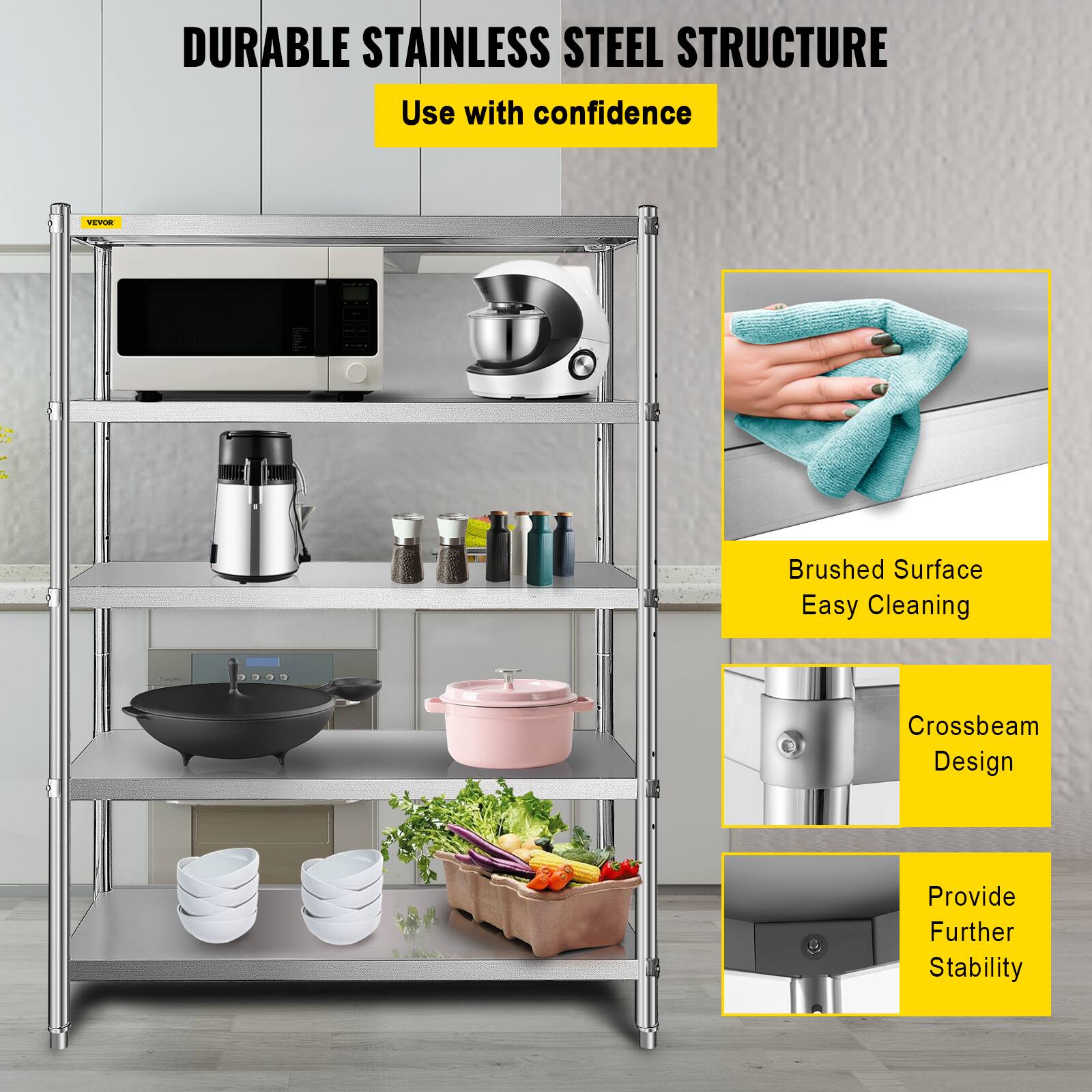 DURABLE STAINLESS STEEL STRUCTURE - Use with confidence

- Brushed Surface: Easy Cleaning
- Crossbeam Design: Provides Further Stability