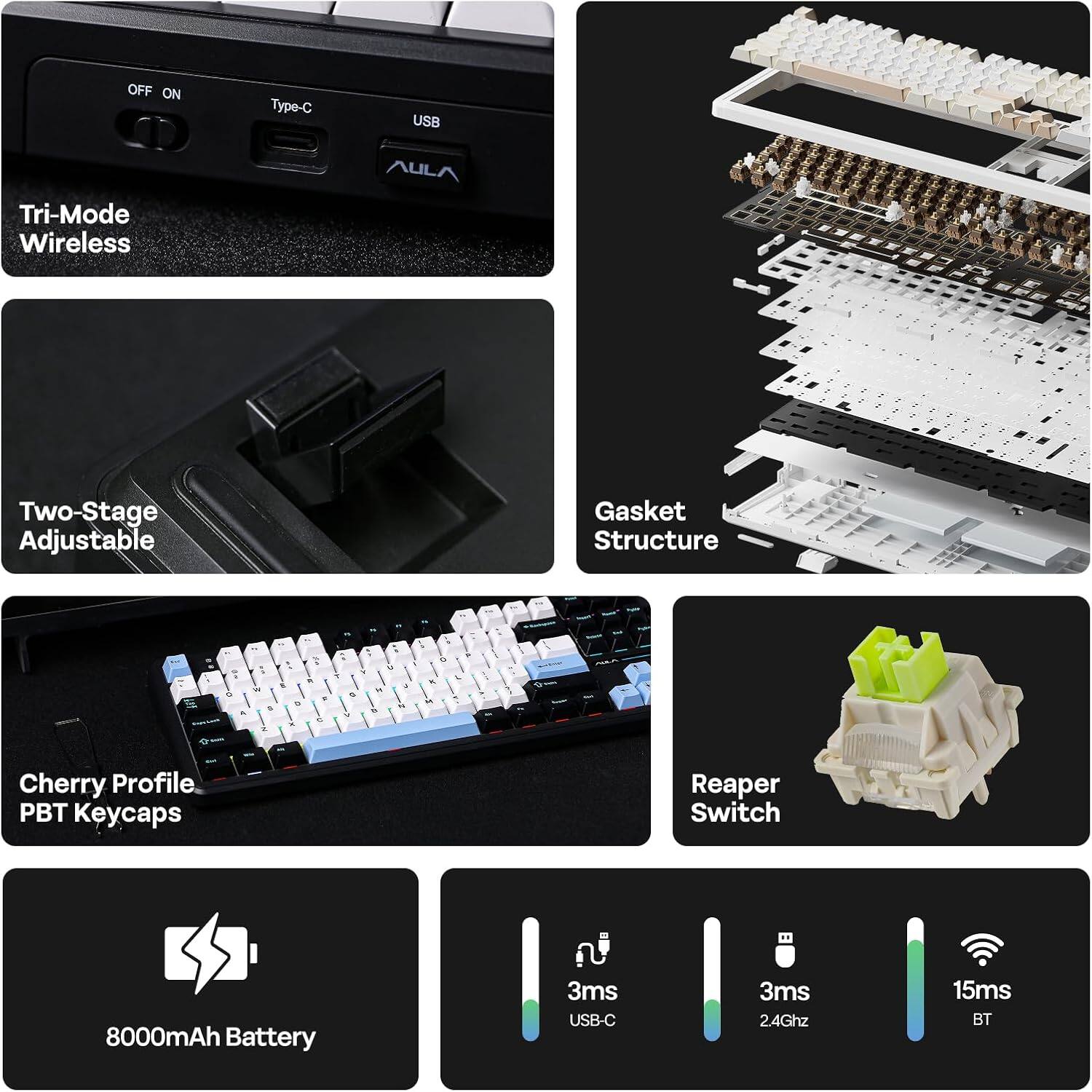 OFF ON Type-C USB Tri-Mode Wireless AULA Two-Stage Adjustable Gasket Structure - Cherry Profile PBT Keycaps Reaper Switch 8000mAh Battery 3ms USB-C 3ms 2.4Ghz 15ms BT