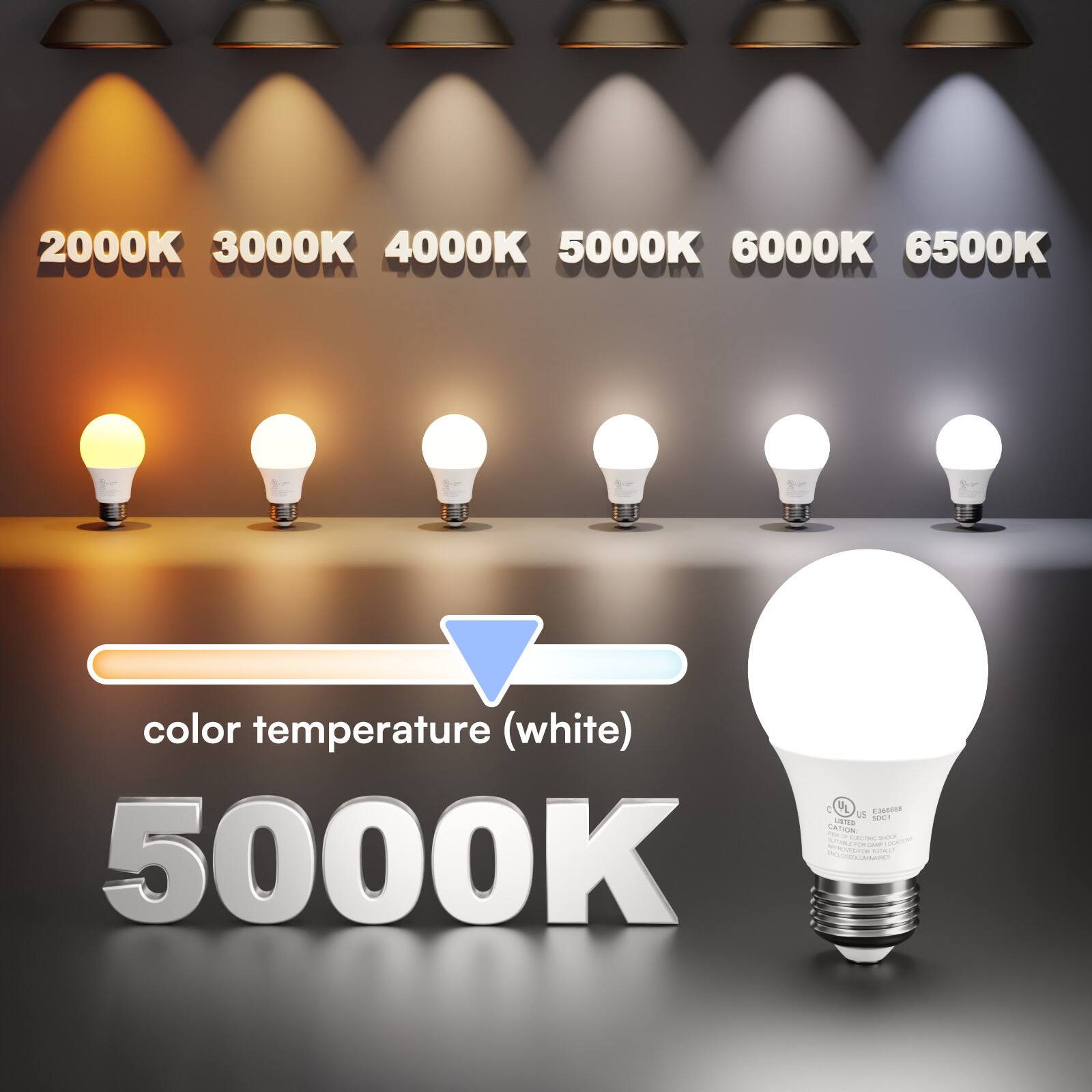 2000K 3000K 4000K 5000K 6000K 6500K

color temperature (white) C UL US 5001 - CAUTION ELECTRIC SHOCK OR OWN FOR TOTAL 5000K