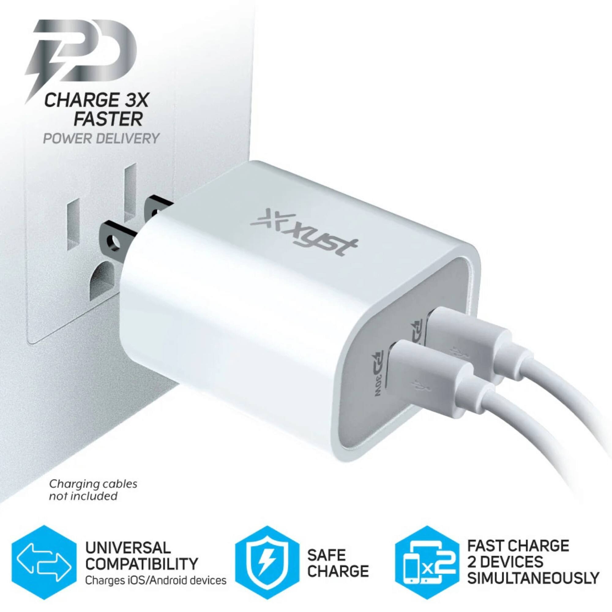 - CHARGE 3X FASTER
- POWER DELIVERY
- UNIVERSAL COMPATIBILITY
  - Charges iOS/Android devices
- SAFE CHARGE
- FAST CHARGE 2 DEVICES SIMULTANEOUSLY
- Charging cables not included