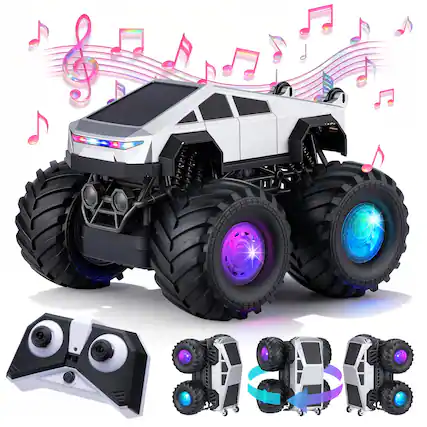 Front. Sugift - 1:18 Remote Control Monster Truck for Kids - 2.4GHz RC Stunt Car with LED Lights and Music 4WD Amphibious 360° Spin - Silver.