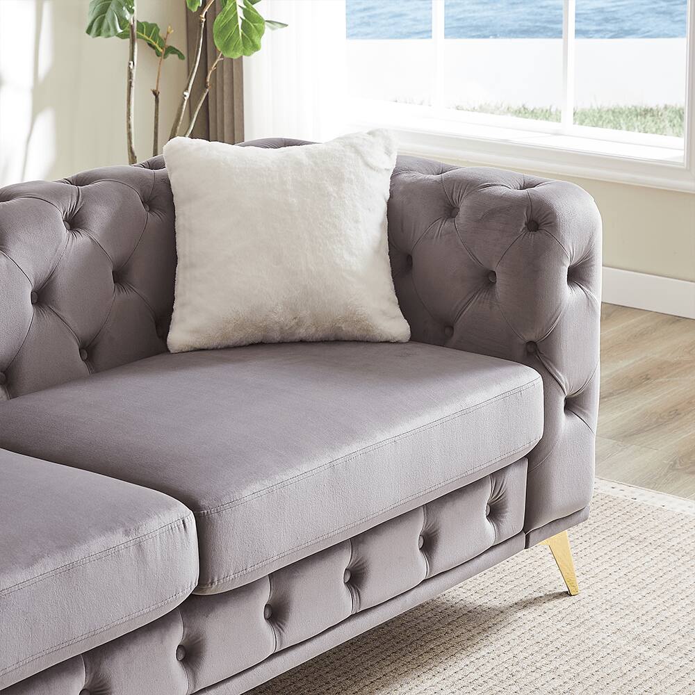 Left. Trinkets Crazed - Chesterfield Sofa Set Of 2 For Living Room,Modern Upholstered Deep Seat Velvet Loveseat And 3-Seater Sofa Couch - Gray.