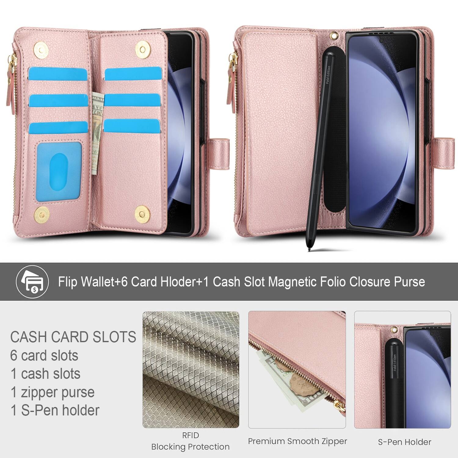 1. Flip Wallet+6 Card Holder+1 Cash Slot Magnetic Folio Closure Purse
2. CASH CARD SLOTS
   - 6 card slots
   - 1 cash slot
   - 1 zipper purse
   - 1 S-Pen holder
3. RFID Blocking Protection
4. Premium Smooth Zipper
5. S-Pen Holder