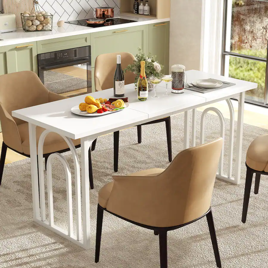 Rectangle Table Pad Gymax 63'' Rectangular Farmhouse Kitchen Table w/Heavy Duty Metal Legs ...