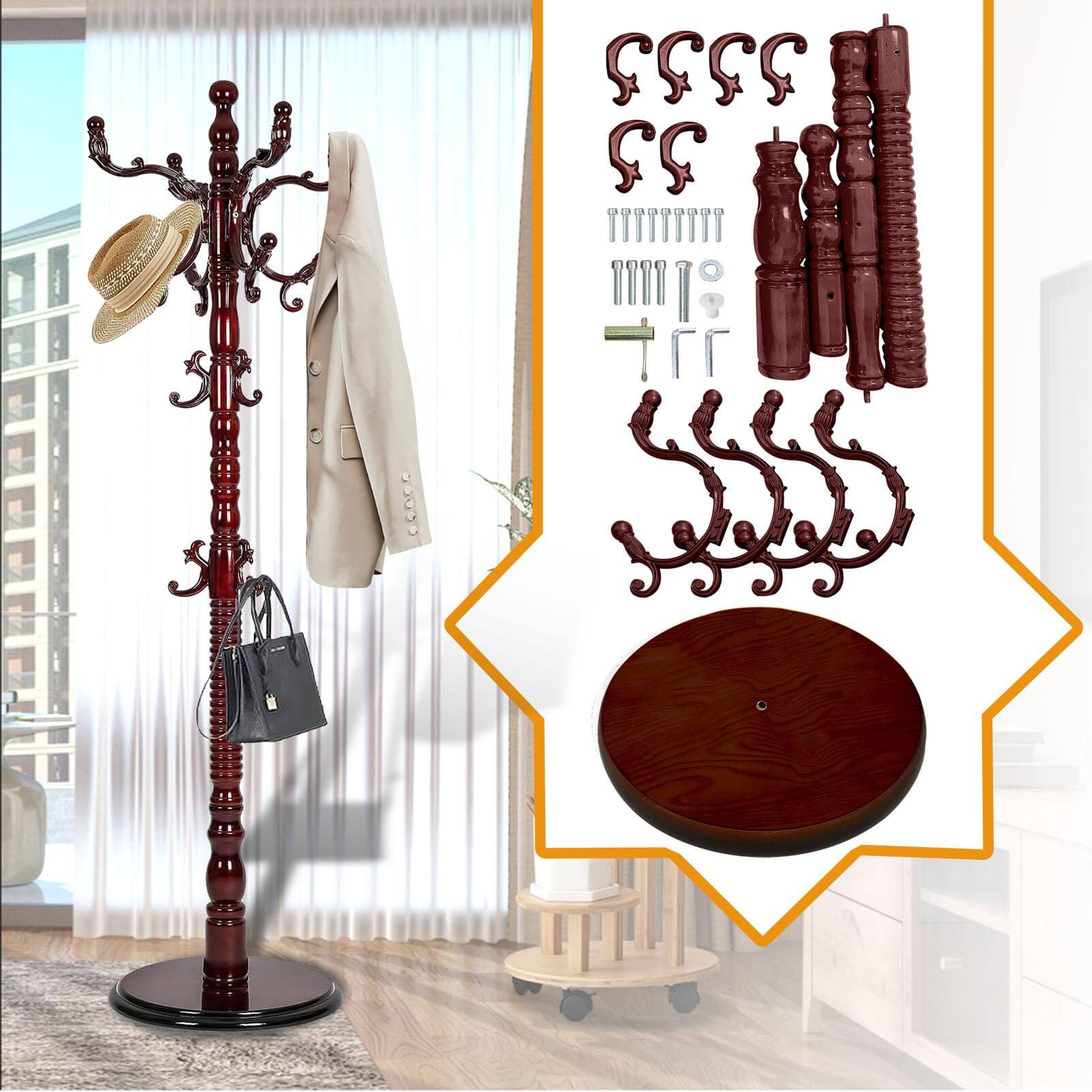 Sure, here is the corrected and grouped text from the image:

---

**Product Description:**

- **Material:** High-quality wood
- **Color:** Rich mahogany finish
- **Design:** Elegant, ornate, and stylish
- **Features:**
  - Coat hanger
  - Hat rack
  - Bag holder
  - Umbrella stand
  - Jewelry hooks
  - Additional hooks for accessories
  - Round wooden base for stability

**Assembly Required:**
- Includes all necessary hardware and tools for easy assembly

**Dimensions:**
- [Insert dimensions here]

**Ideal for:**
- Home decor
- Entryway organization
- Stylish storage solution

**Warranty:**
- [Insert warranty details]

**Customer Reviews:**
- "Beautiful and sturdy, perfect for my entryway!"
- "Easy to assemble and adds a touch of elegance to my home."

**Shipping:**
- [Insert shipping details]

---

This text is grouped and corrected based on the image provided.