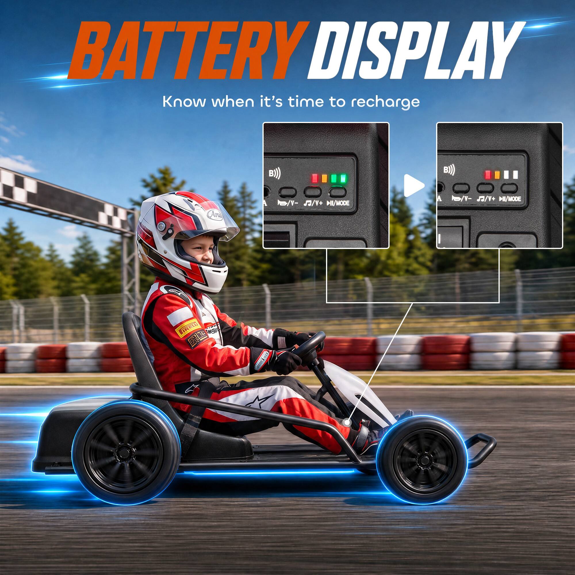 BATTERY DISPLAY  
Know when it's time to recharge

B1)  
Pe-iv- / MI/MODE  
- JJ/T+ MI/MODE  
IREW NGA