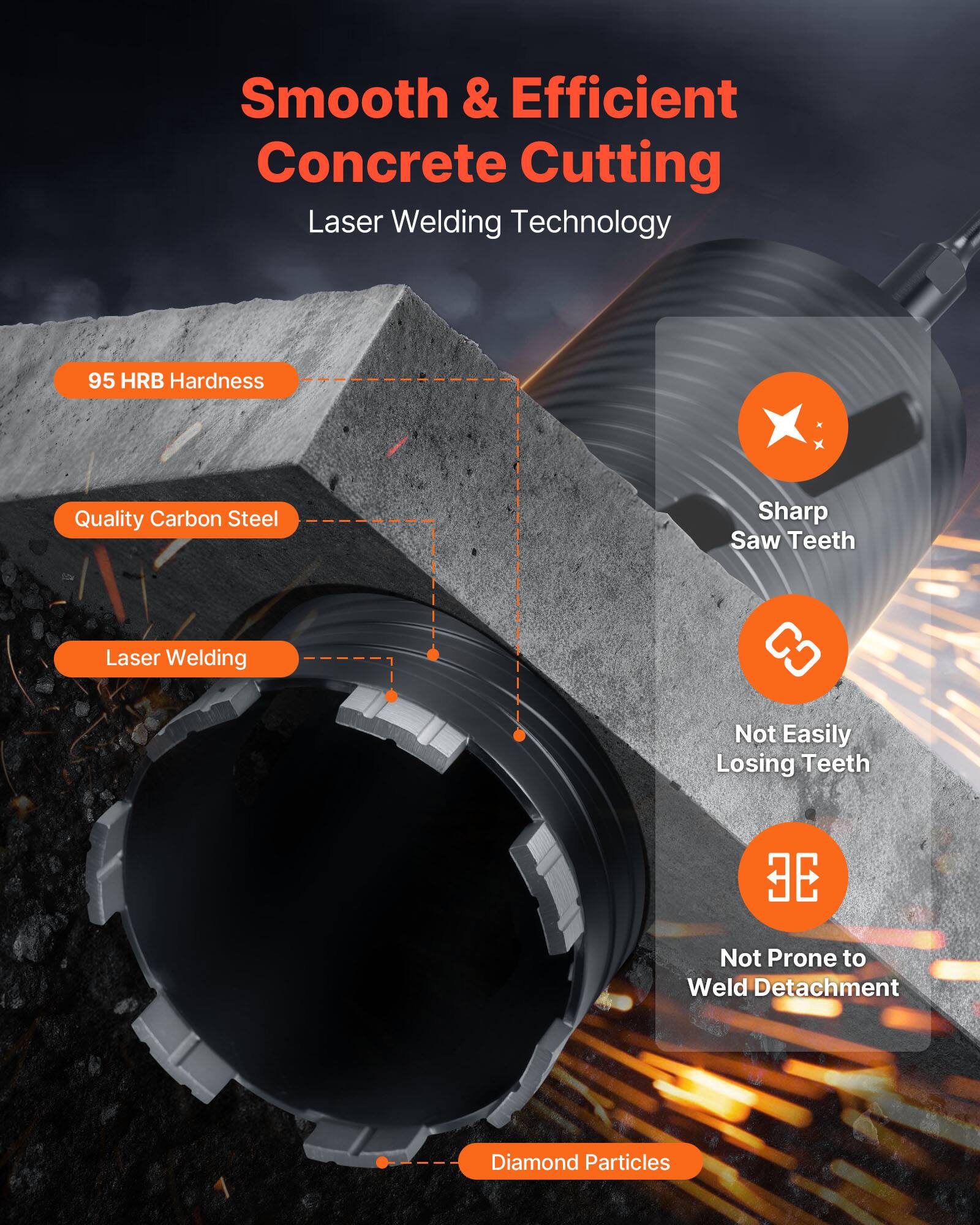 Smooth & Efficient Concrete Cutting  
Laser Welding Technology  

- 95 HRB Hardness  
- Quality Carbon Steel  
- Laser Welding  
- Sharp Saw Teeth  
- Not Easily Losing Teeth  
- Not Prone to Weld Detachment  
- Diamond Particles