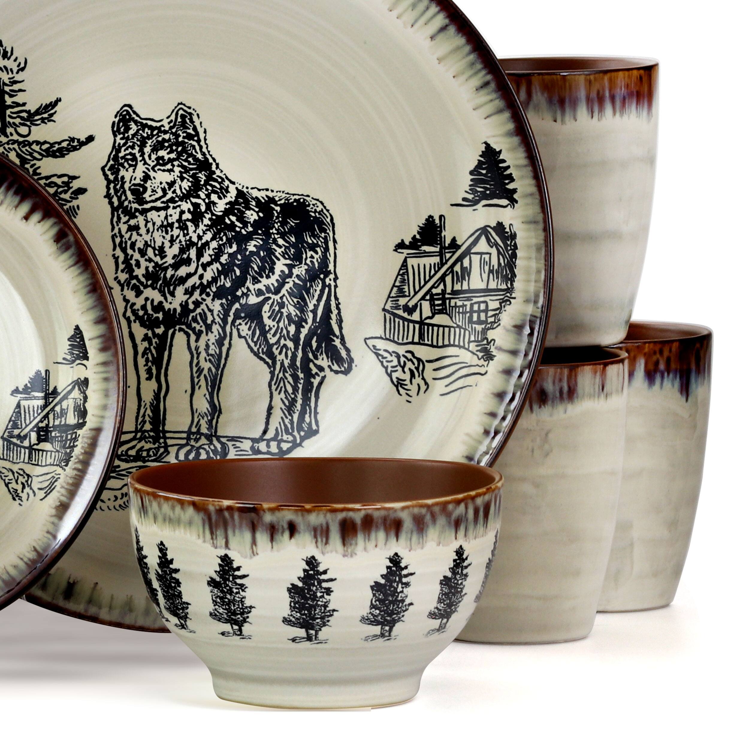 Alt View 3. Elama - Elama Majestic Wolf 16 Piece Luxurious Stoneware Dinnerware with Complete Setting for 4 - Taupe and Brown.