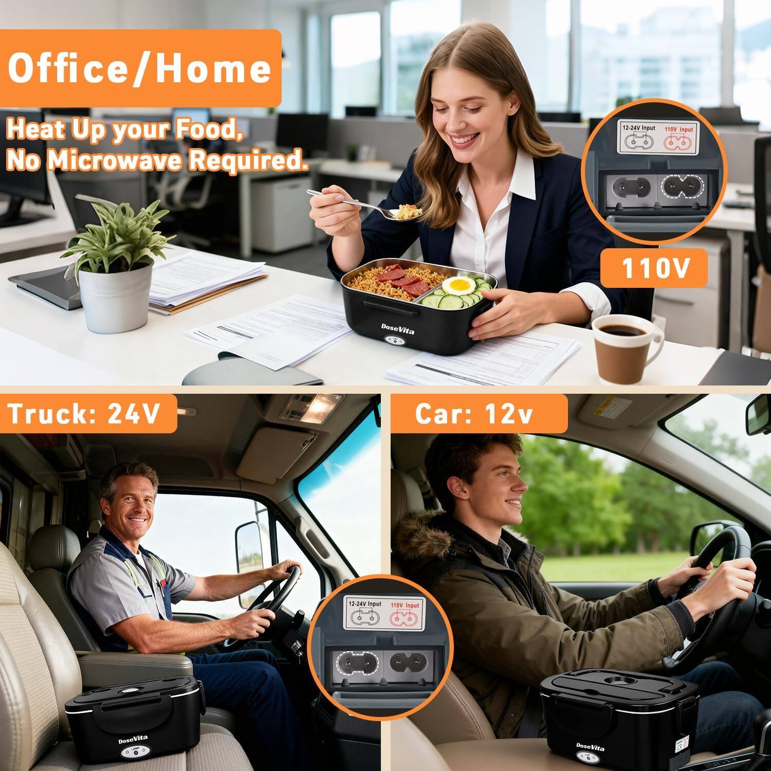 Office/Home  
Heat Up your Food, No Microwave Required.  

110V  

Truck: 24V  

Car: 12v