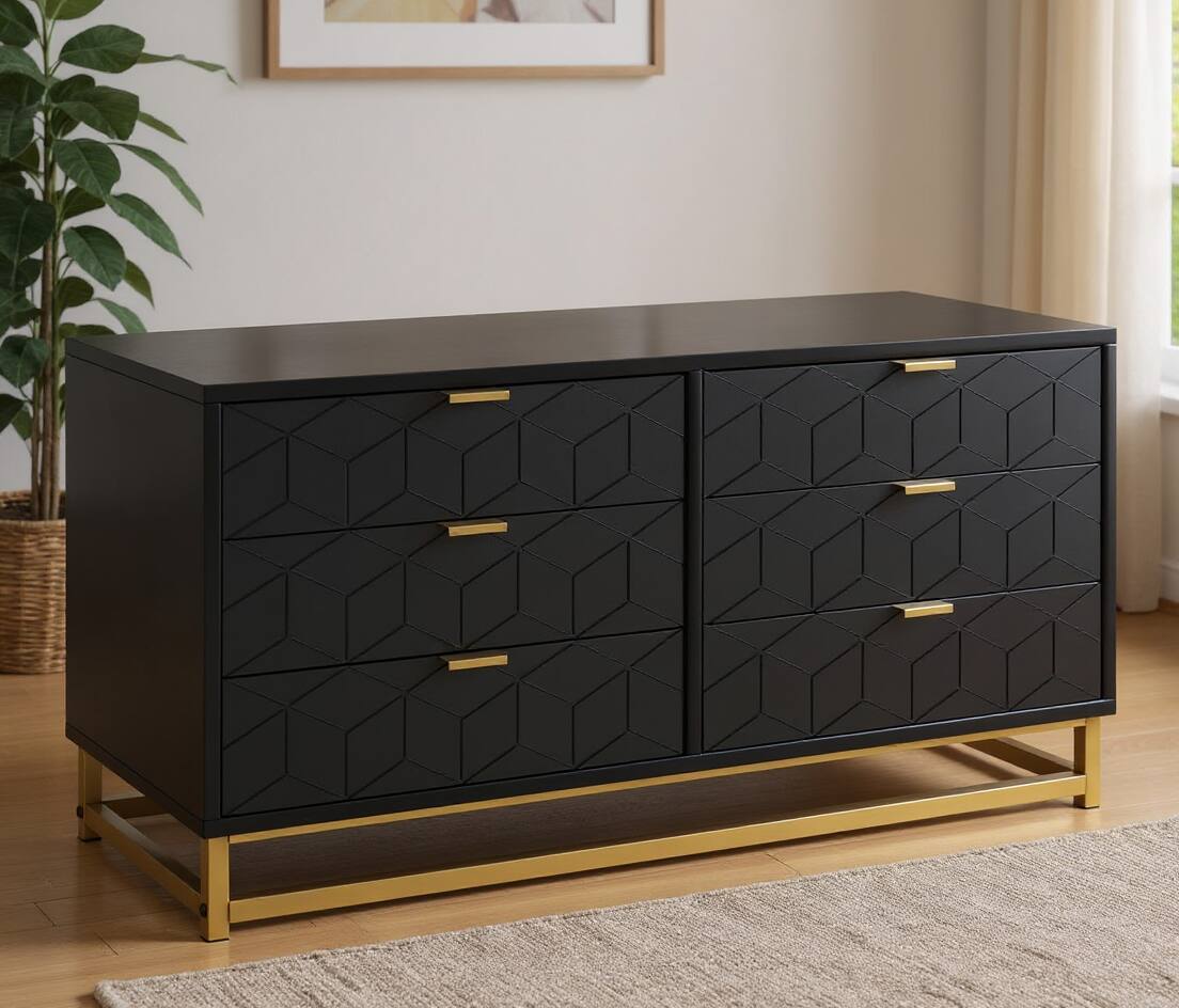 Front. Acekool - 6 Drawer Dresser, with Gold Handles, for TV Stand & Closet - Black.