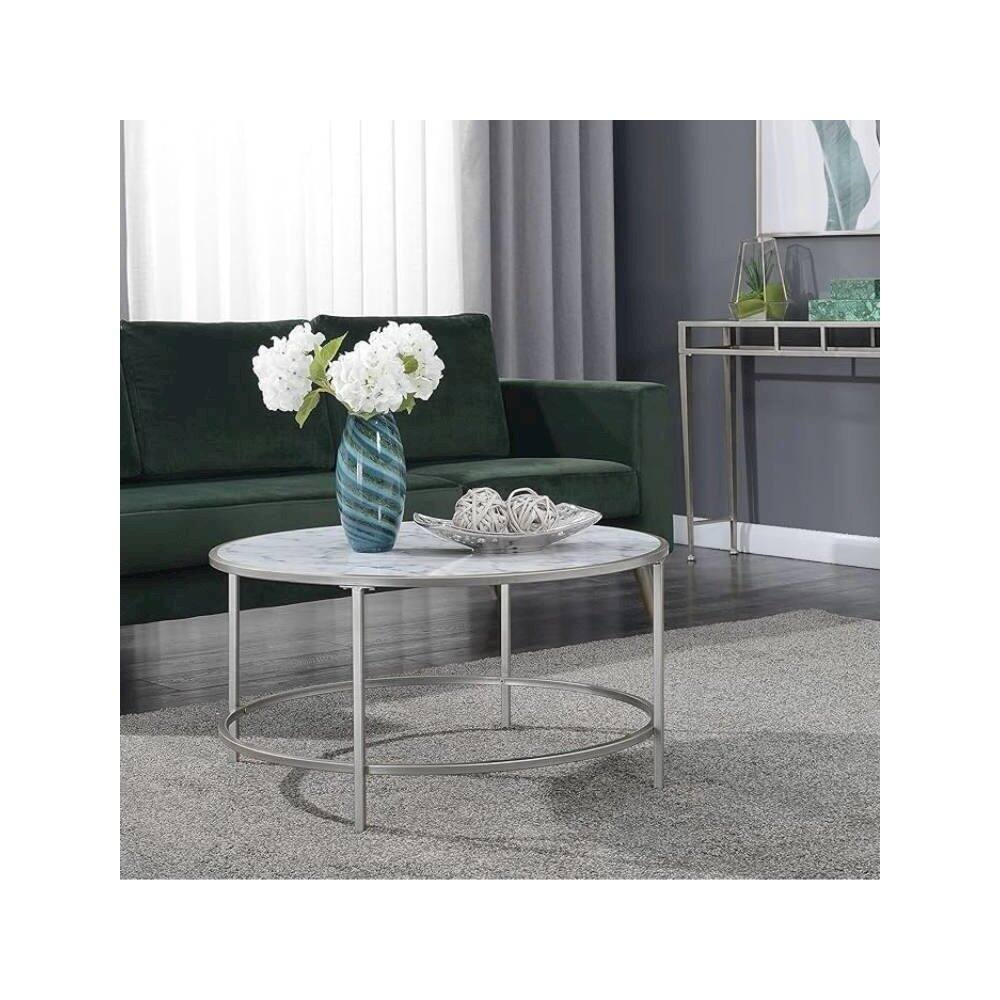 Angle. Convenience Concepts - Gold Coast Faux Marble Round Coffee Table - White Faux Marble/Silver Frame.