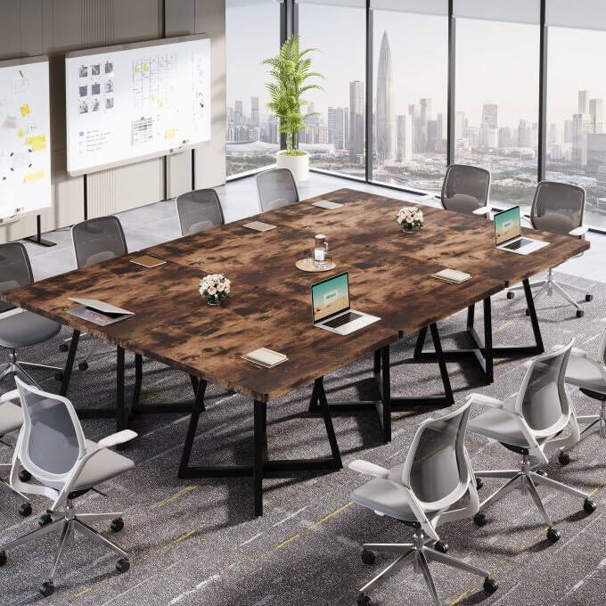 Alt View 2. Tribesigns - 31.5" Square Conference Table, Industrial Office Meeting Table for 4 People, Business Podcast Furniture with Metal Base - Vintage Brown.