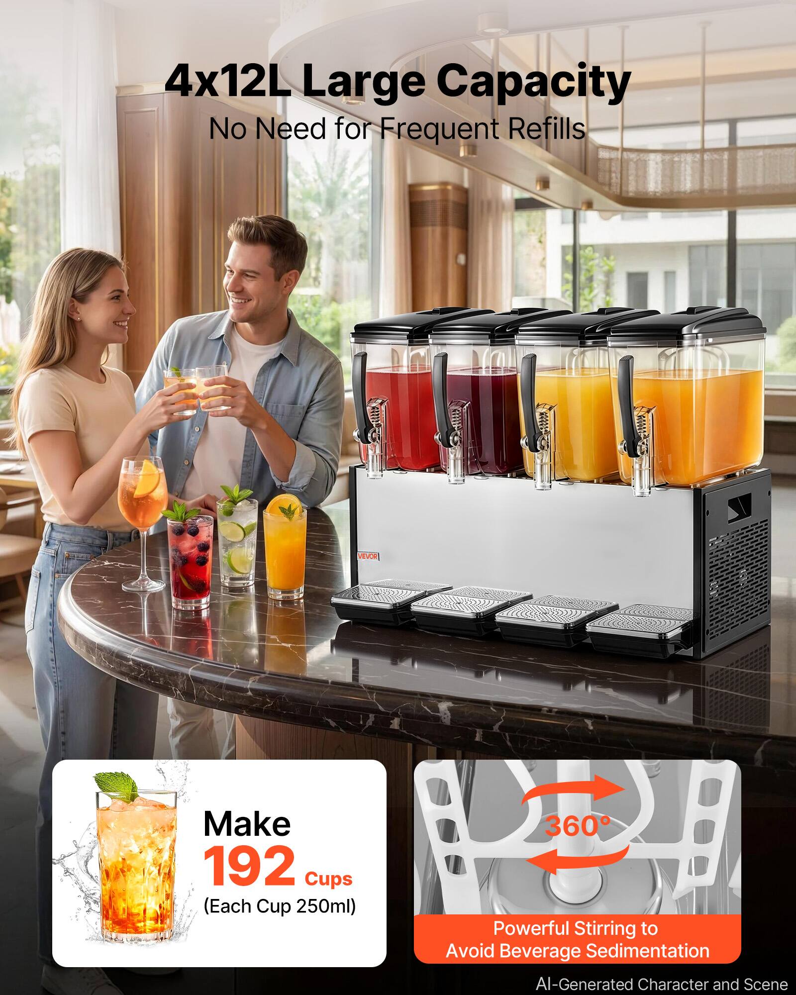 4x12L Large Capacity No Need for Frequent Refills

VEVOR

Make 192 Cups (Each Cup 250ml)

360° Powerful Stirring to Avoid Beverage Sedimentation

AI-Generated Character and Scene