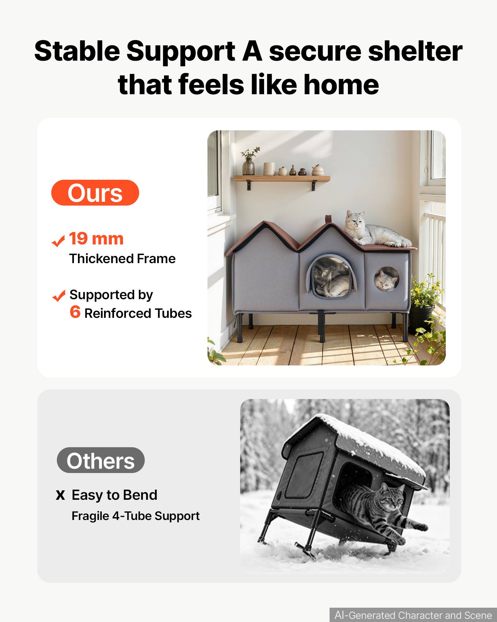 Stable Support  
A secure shelter that feels like home

Ours  
✓ 19 mm Thickened Frame  
✓ Supported by 6 Reinforced Tubes

Others  
X Easy to Bend  
Fragile 4-Tube Support

AI-Generated Character and Scene