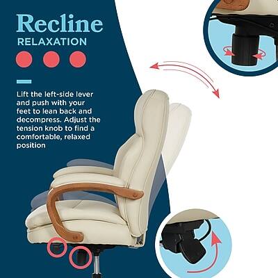 Recline RELAXATION

Lift the left-side lever and push with your feet to lean back and decompress. Adjust the tension knob to find a comfortable, relaxed position