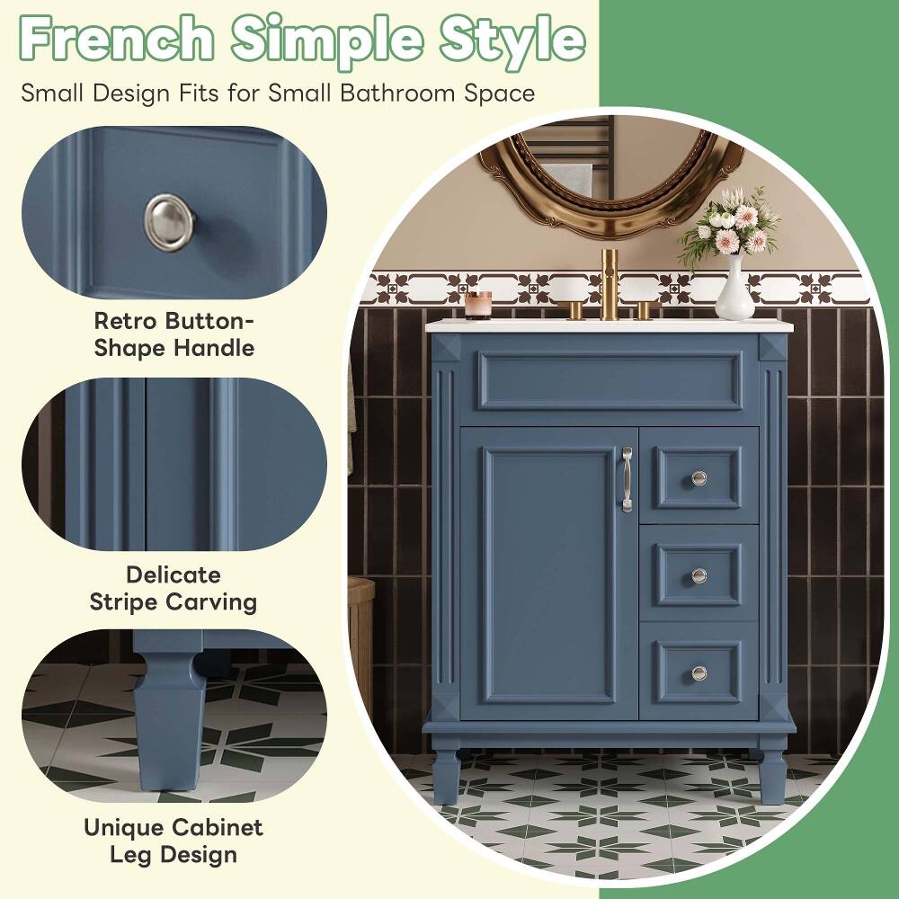 French Simple Style  
Small Design Fits for Small Bathroom Space  

Retro Button-Shape Handle  
Delicate Stripe Carving  
Unique Cabinet Leg Design