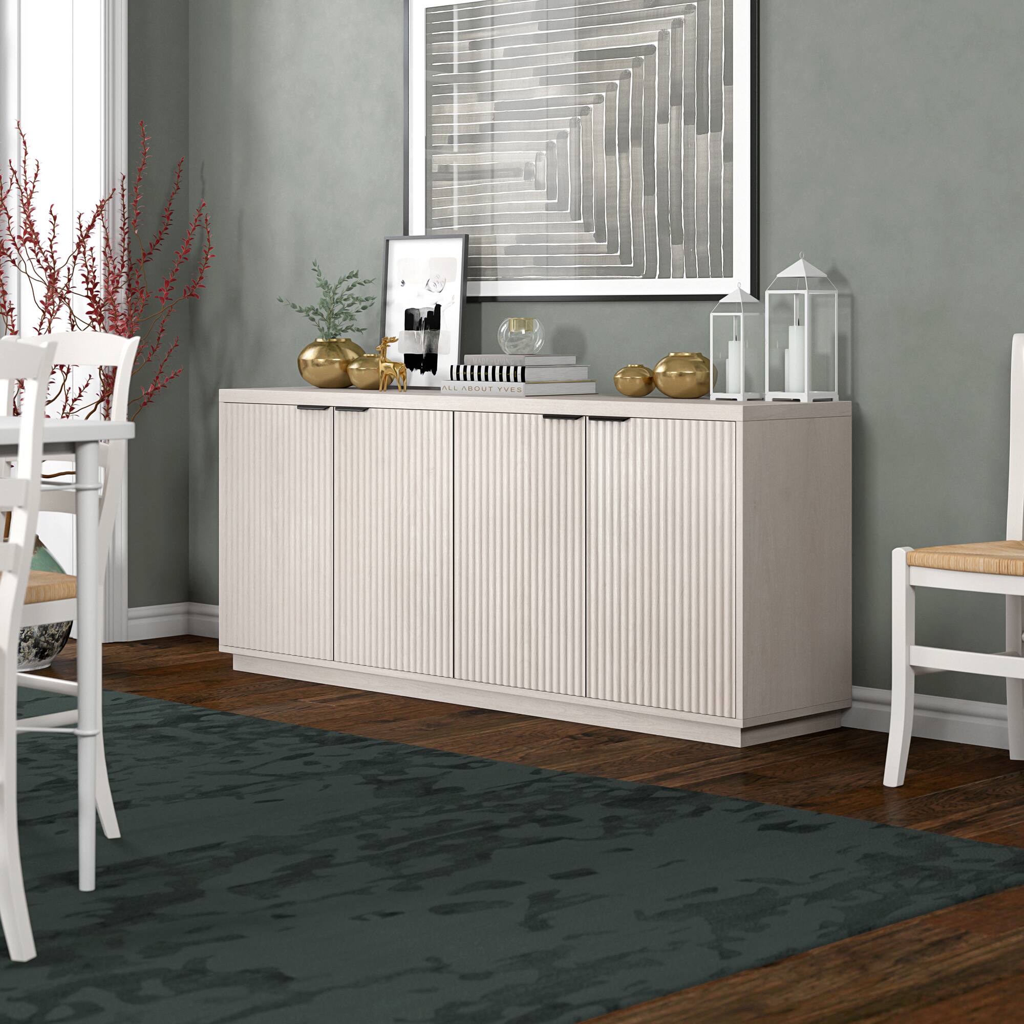Angle. Hudson&Canal - Mansfield 68" Wide Rectangular Fluted Buffet Table - White.