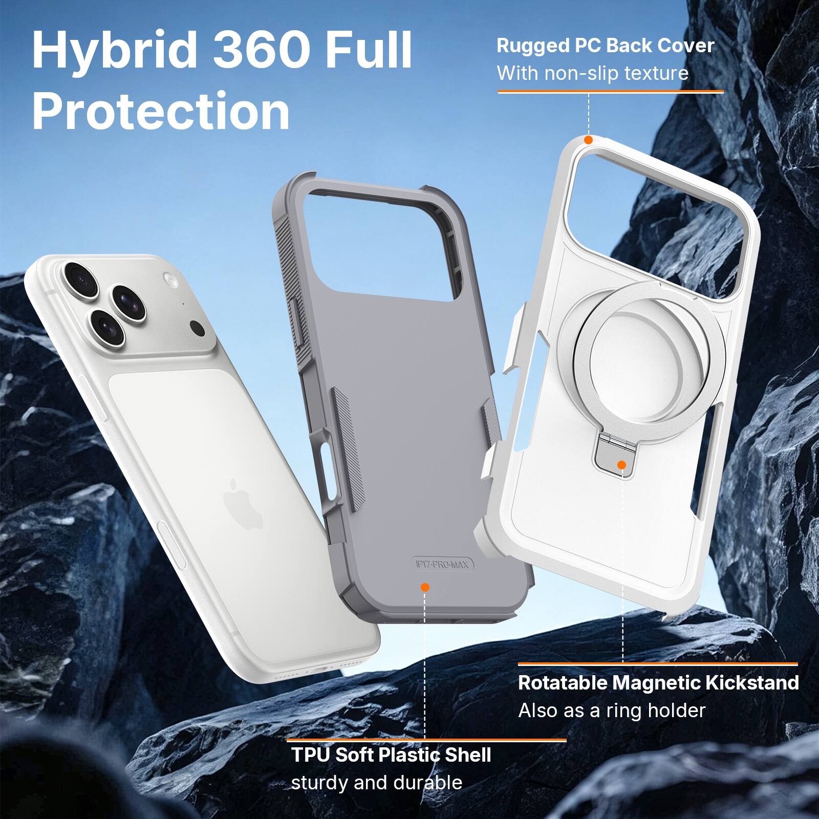 Hybrid 360 Full Protection  
Rugged PC Back Cover With non-slip texture  
1AMAS Rotatable Magnetic Kickstand Also as a ring holder  
TPU Soft Plastic Shell sturdy and durable