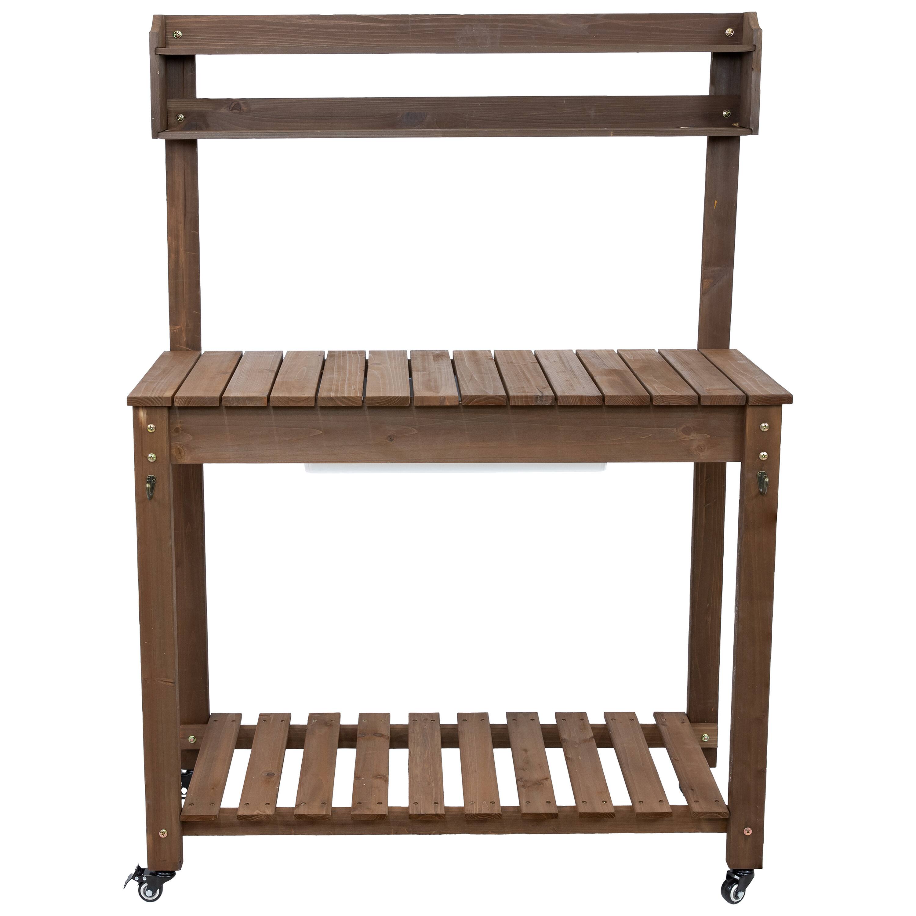Alt View 7. Sunnydaze - Wheeled Wood Outdoor Potting Bench with Dry Sink - 39.25" - Brown.