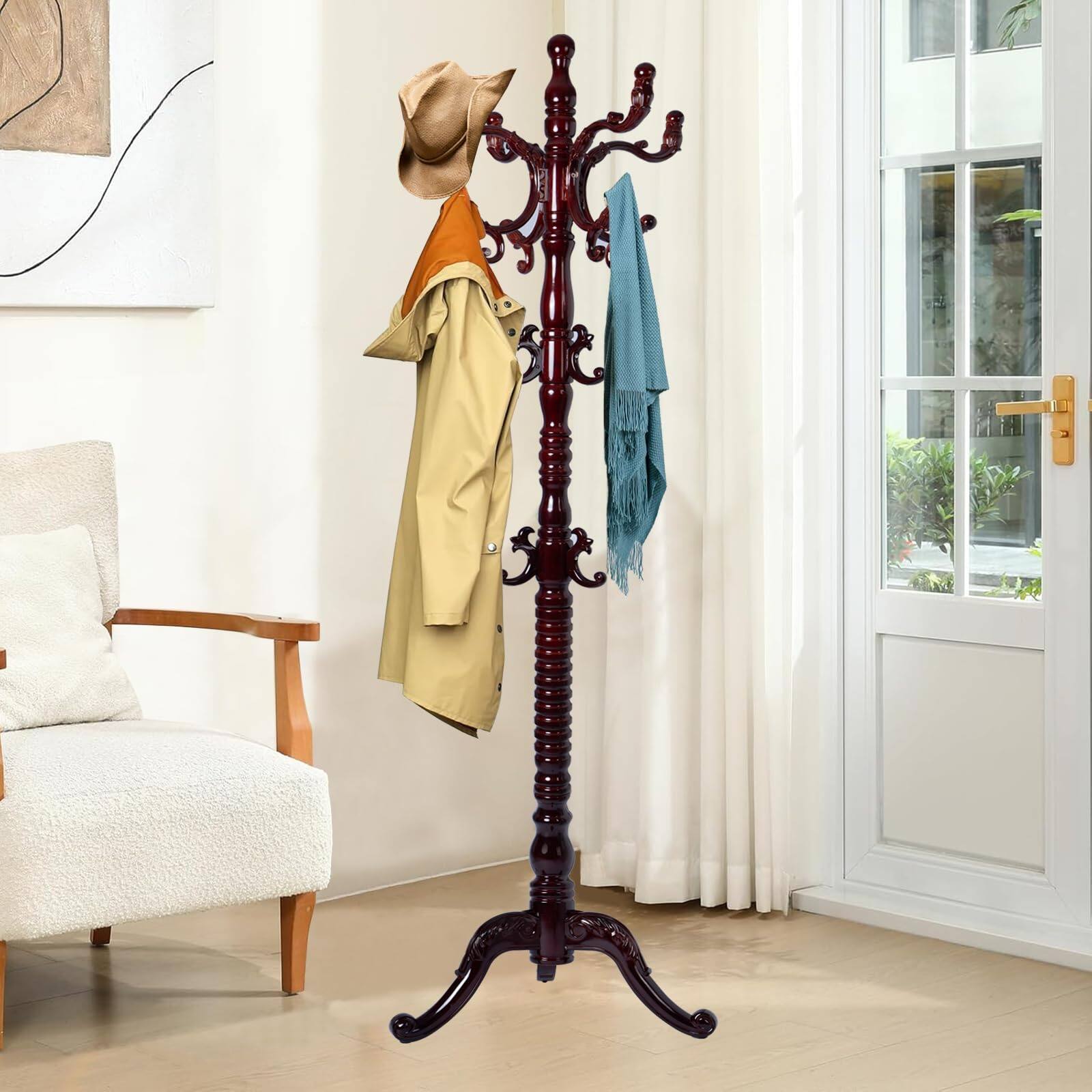 Hirose Alice Wood Coat Rack Freestanding Natural Coats Tree Stand Tri ...