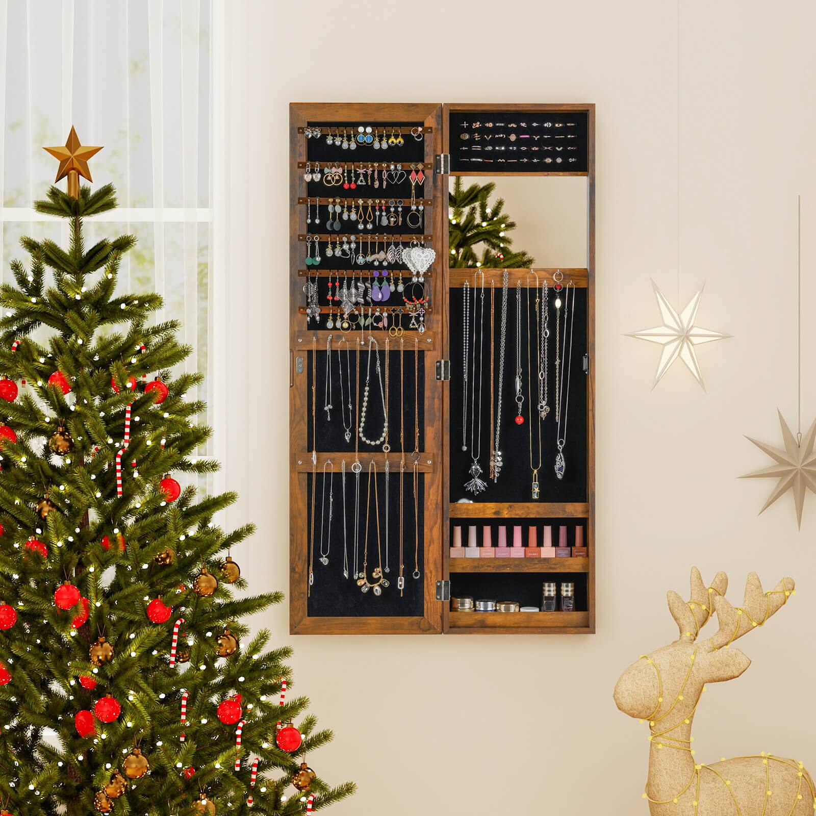 Alt View 1. Costway - Costway Wall Mounted Jewelry Cabinet Door Hanging Jewelry Armoire with Full-Length Mirror - Rustic Brown.