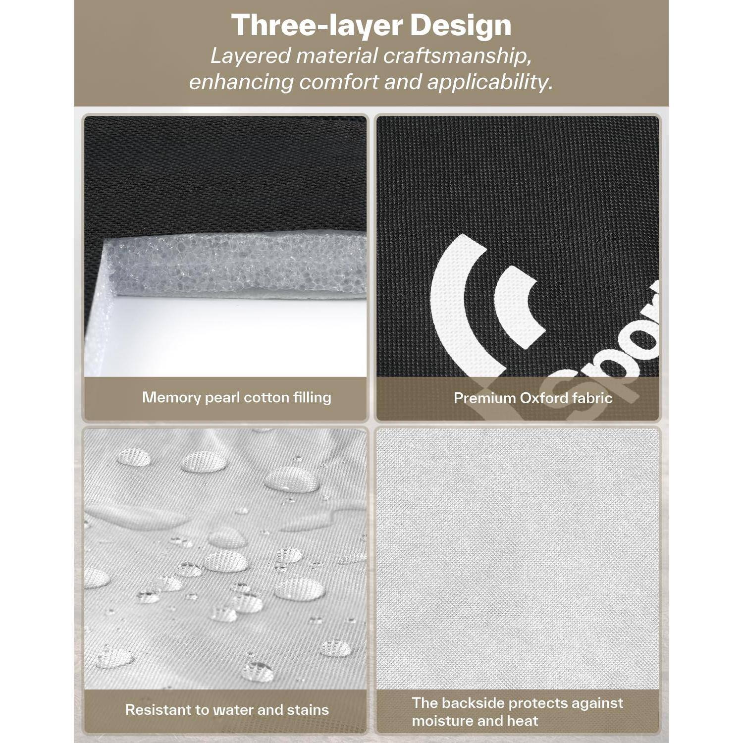 Three-layer Design  
Layered material craftsmanship, enhancing comfort and applicability.  

Memory pearl cotton filling  
Premium Oxford fabric  

Resistant to water and stains  
The backside protects against moisture and heat