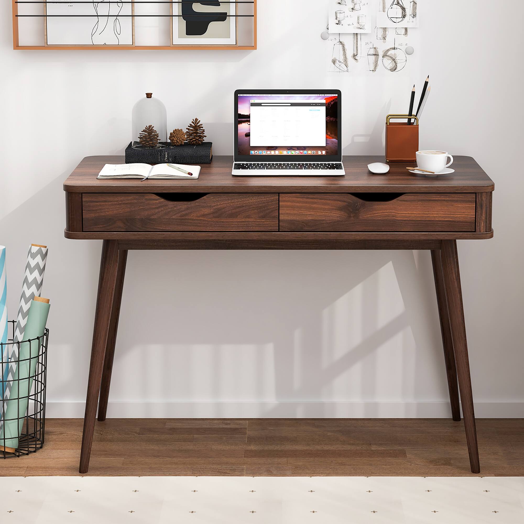 Alt View 1. Gymax - Gymax Mid-Century Computer Desk Study Workstation Study Laptop Table 2 Drawers - Walnut.