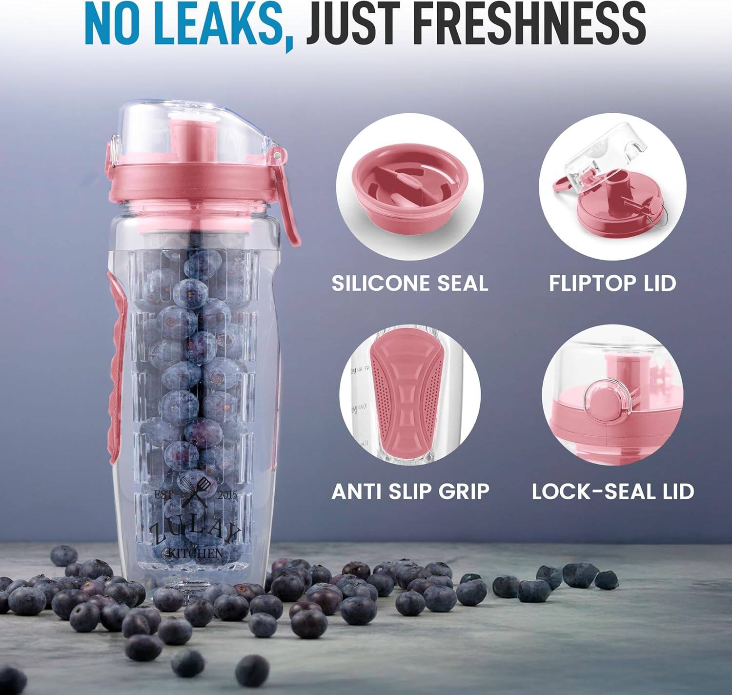 NO LEAKS, JUST FRESHNESS  
SILICONE SEAL  
FLIPTOP LID  
ANTI SLIP GRIP  
LOCK-SEAL LID  

EST 2015  
LULAN KITCHEN