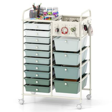 Front. WELLFOR - 14-Drawer Rolling Storage Cart with Metal Tabletop and Pegboard, Scrapbook Paper Office School Organizer - Gradient Green.