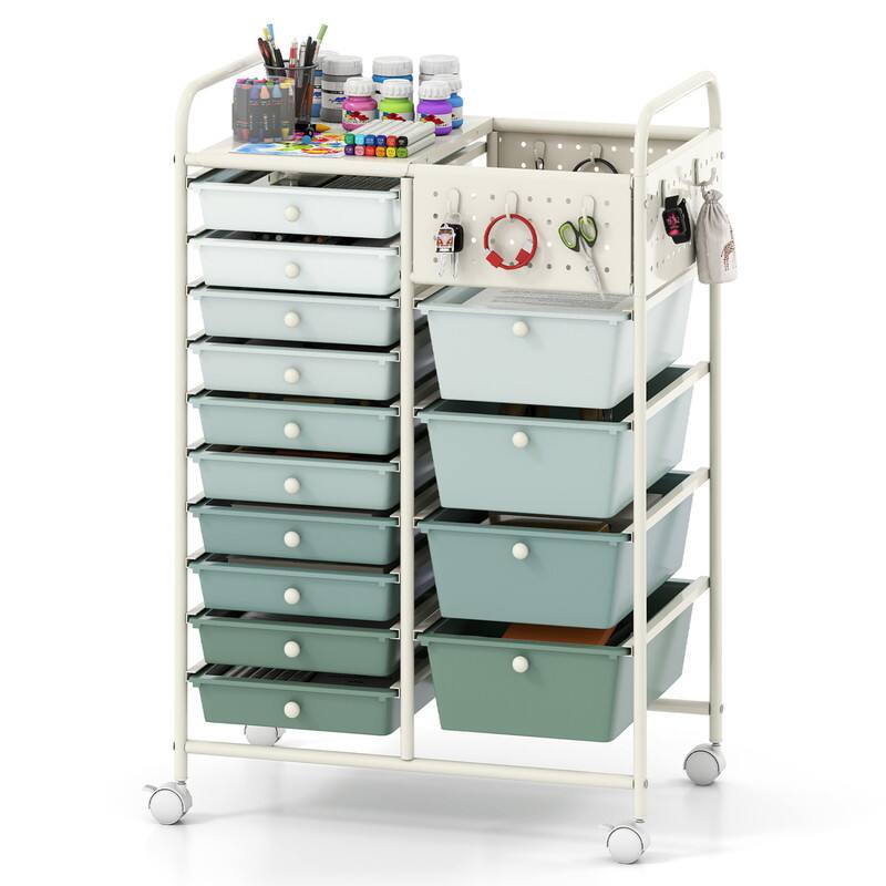 Front. WELLFOR - 14-Drawer Rolling Storage Cart with Metal Tabletop and Pegboard, Scrapbook Paper Office School Organizer - Gradient Green.