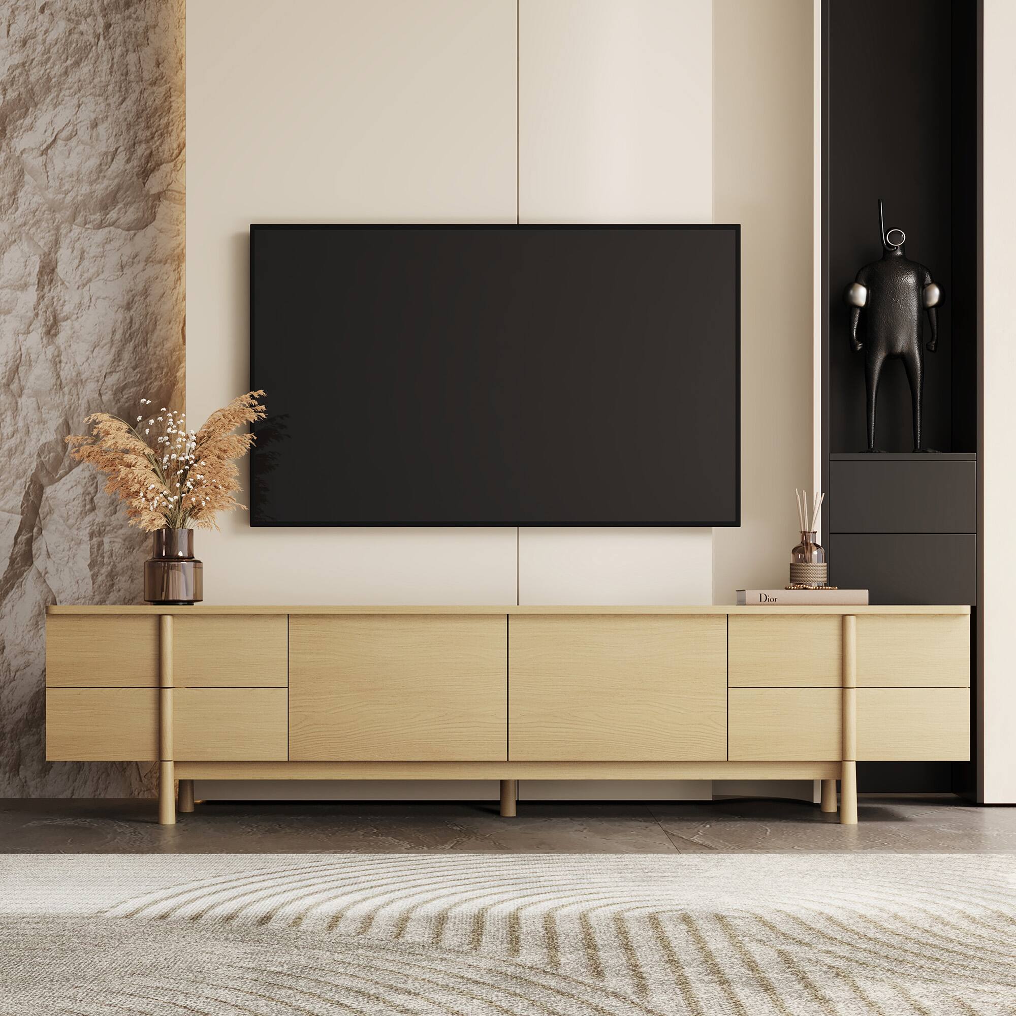 Angle. luck idea - Medieval Modern Style 86.8-Inch TV Stand with Solid Wood Handles & Feet, Soft-Close Hinges + Cable Management Holes - Natural Color.