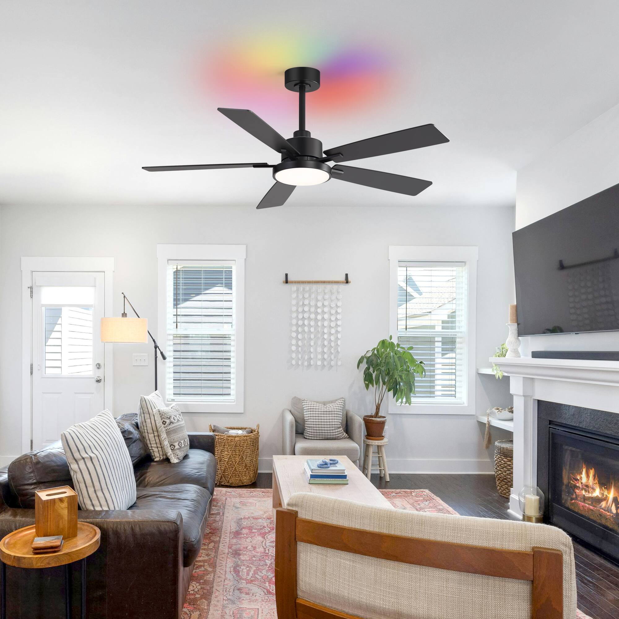 Alt View 5. Breezary - 52 Inch Smart Bluetooth RGB Backlight Ceiling Fans with Lights and Remote, 6 Speeds, 5 Plywood Blades, 5" & 10" Downrods - black.