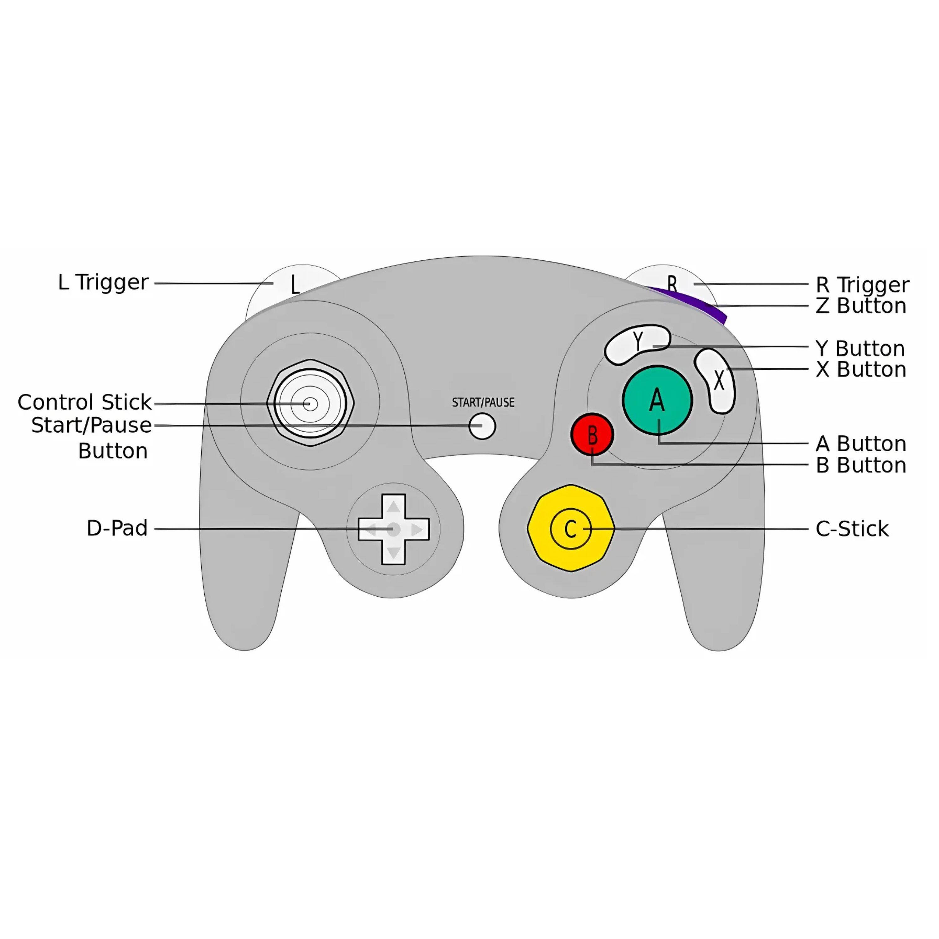 L Trigger  
Control Stick  
Start/Pause Button  
D-Pad  
R Trigger  
Z Button  
Y Button  
X Button  
A Button  
B Button  
C-Stick