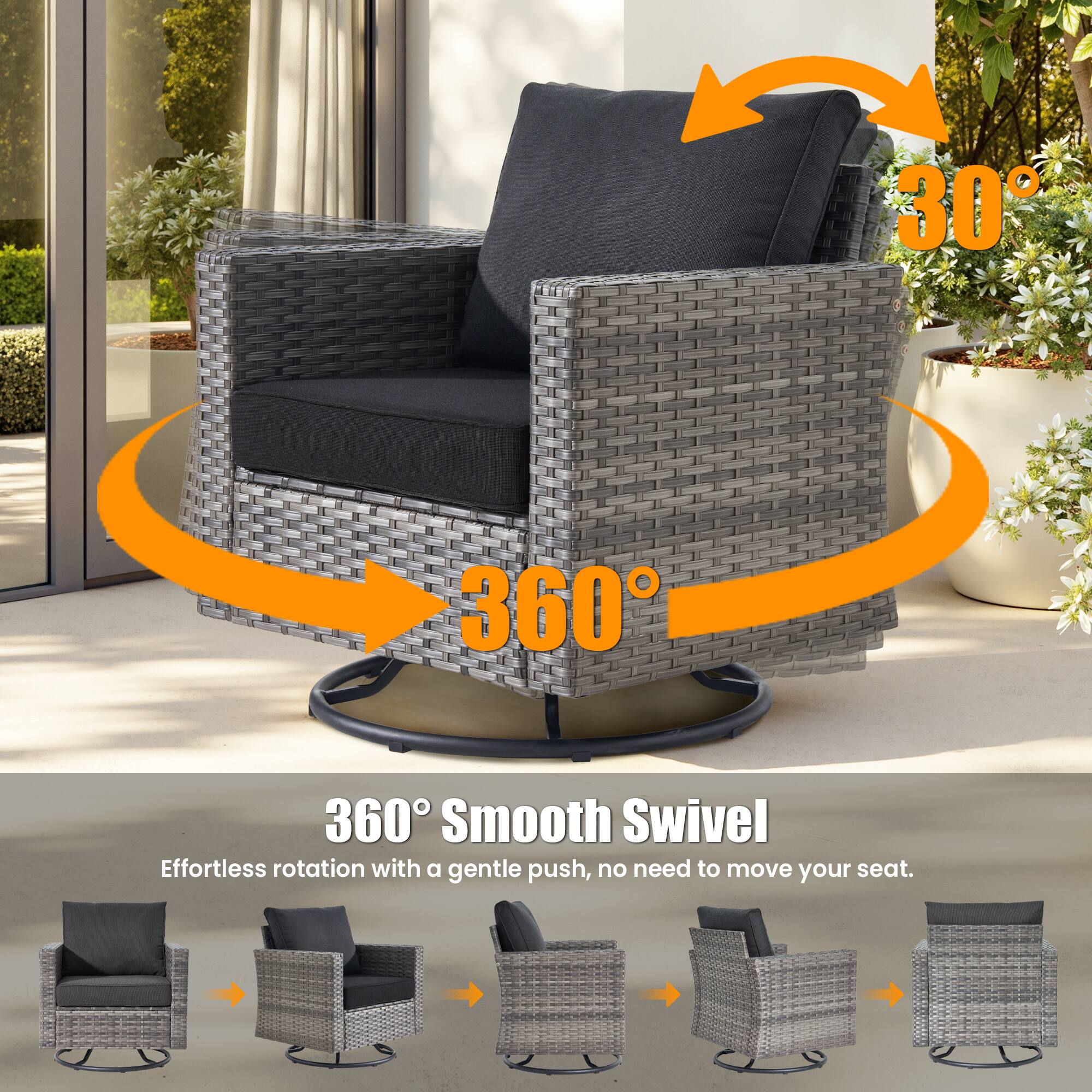 360° Smooth Swivel  
Effortless rotation with a gentle push, no need to move your seat.