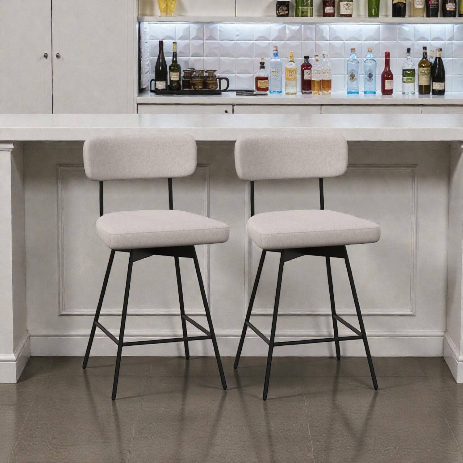 Front. Hivvago - Set of 2 Modern Upholstered Bar Stools with Backrests and Footrests - Beige.