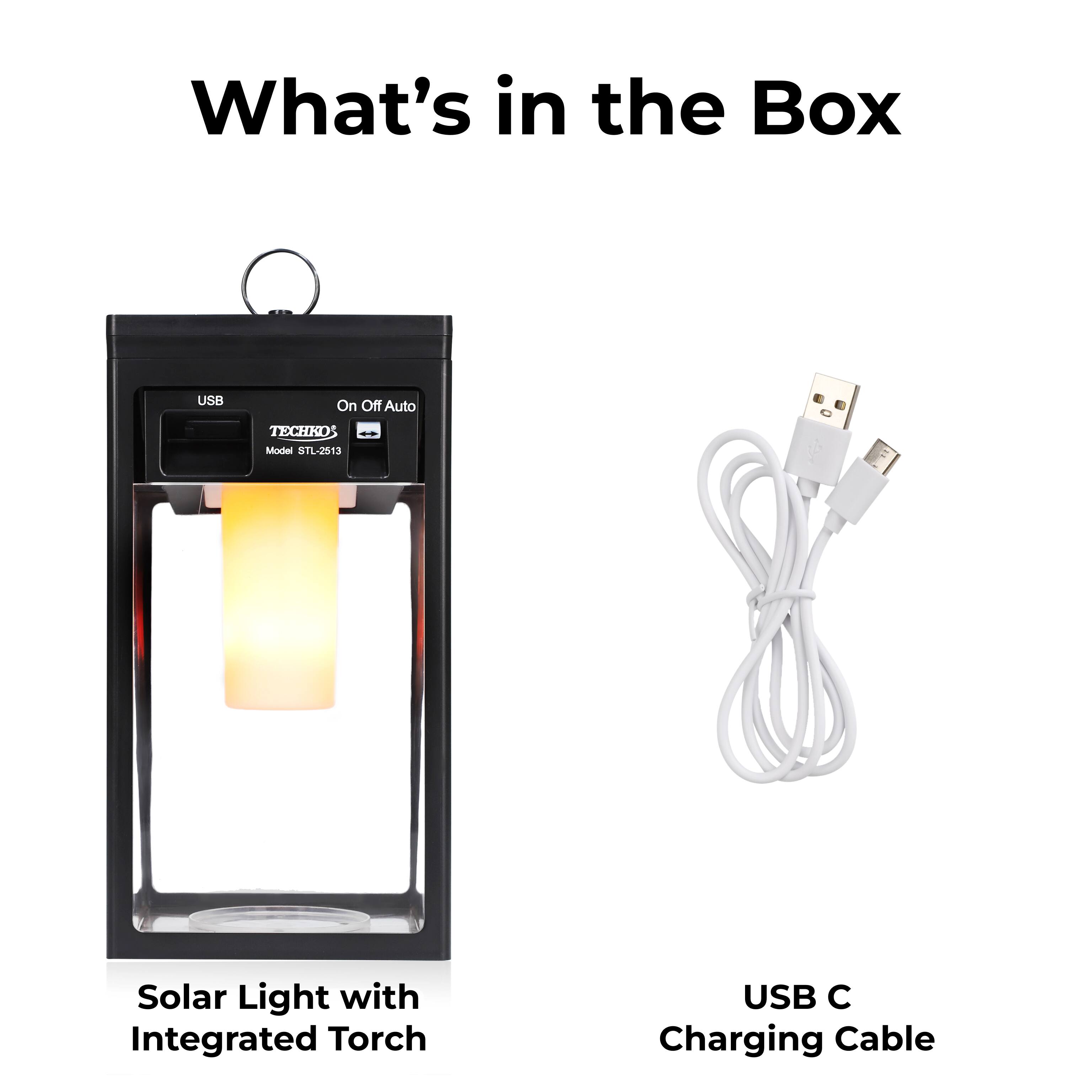 What's in the Box

Solar Light with Integrated Torch
USB C Charging Cable