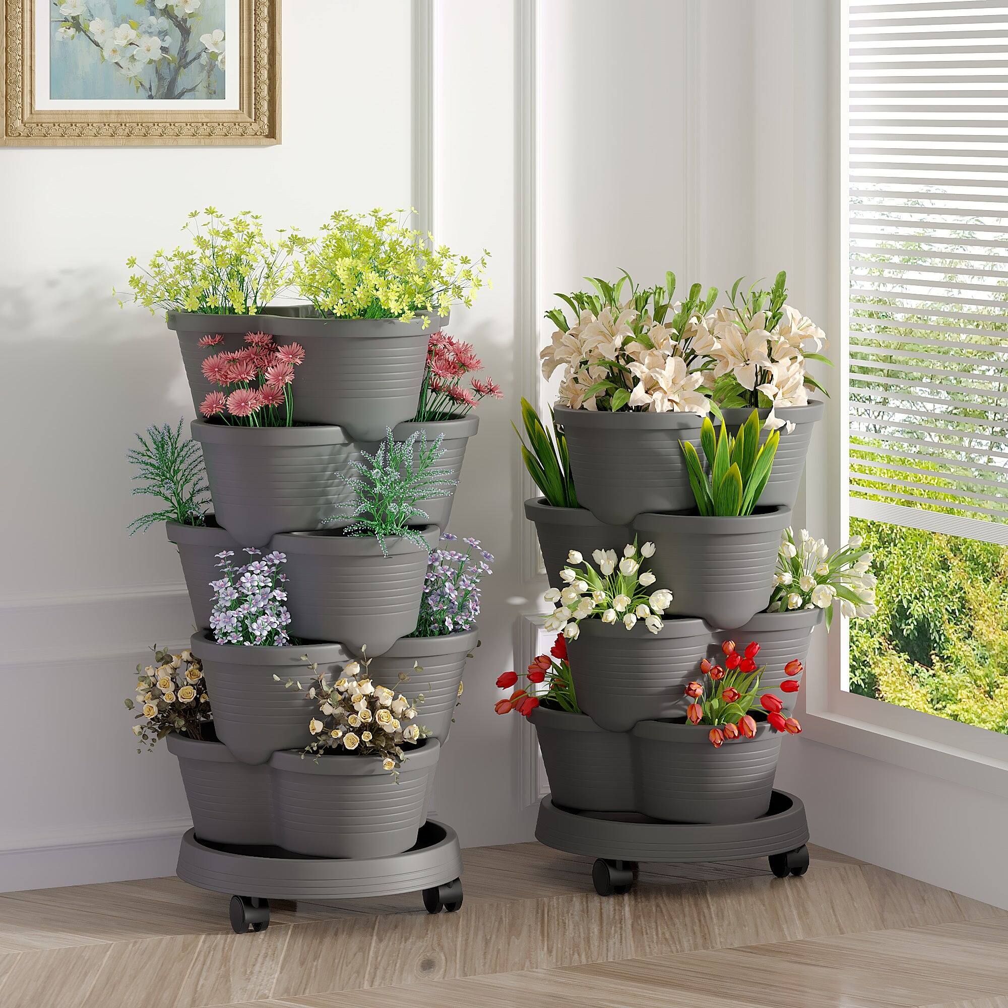 Angle. Vecelo - 5-Tier Stackable Vertical Garden Planter with Drainage and Wheels for Indoor Outdoor Strawberry & Herb Growing.