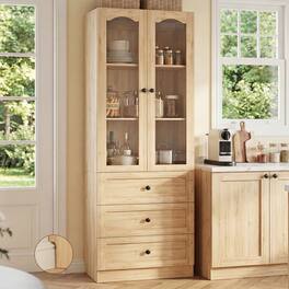 Aheaplus - 80'' Tall Pantry Cabinet with 3 Wooden Drawers, Glass Doors, and Adjustable Shelves - Nature Oak