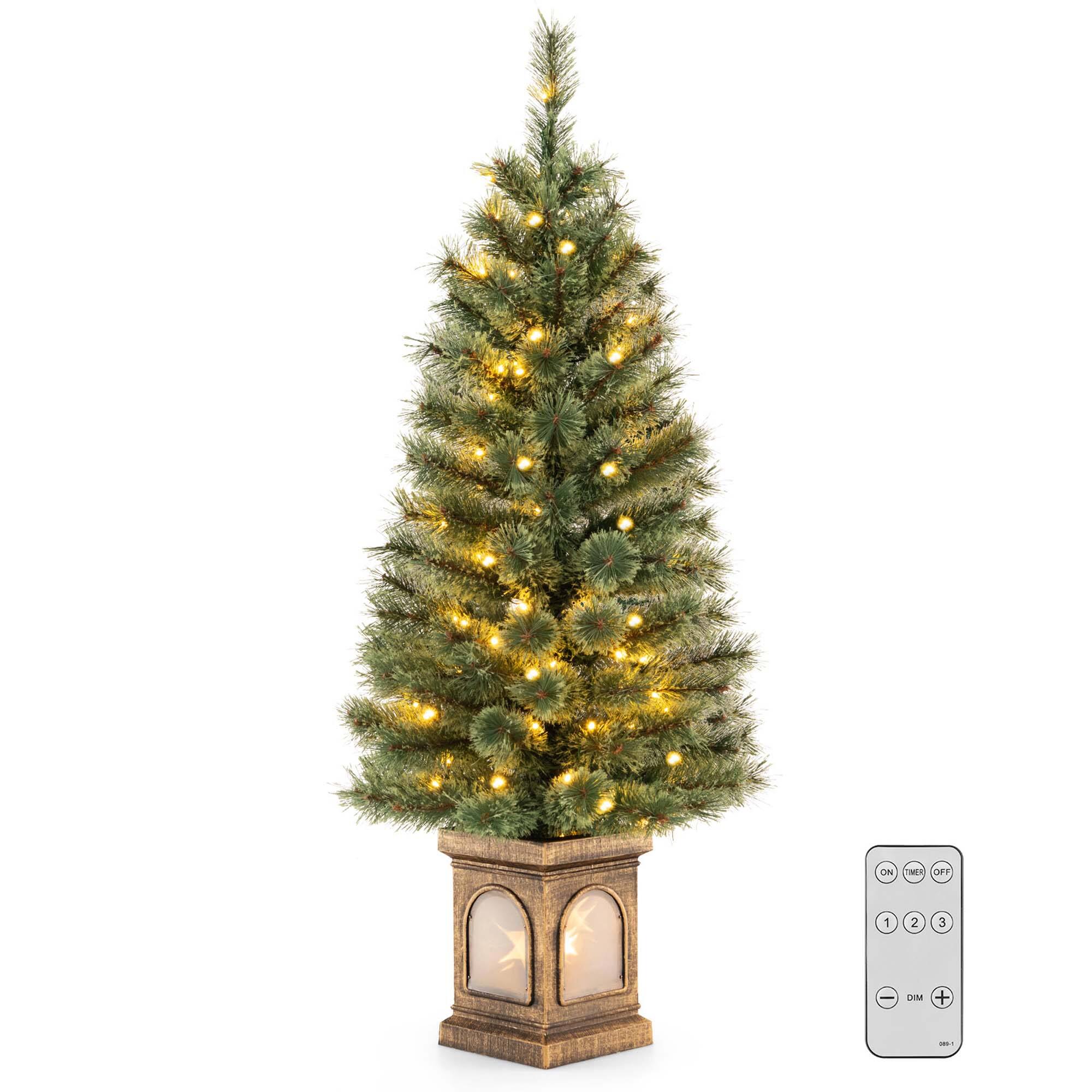 Costway - 1 PCS 4 FT Pre-Lit Potted Christmas Tree Pine Needles 3 Dynamic Modes Remote Control - Green/Gold