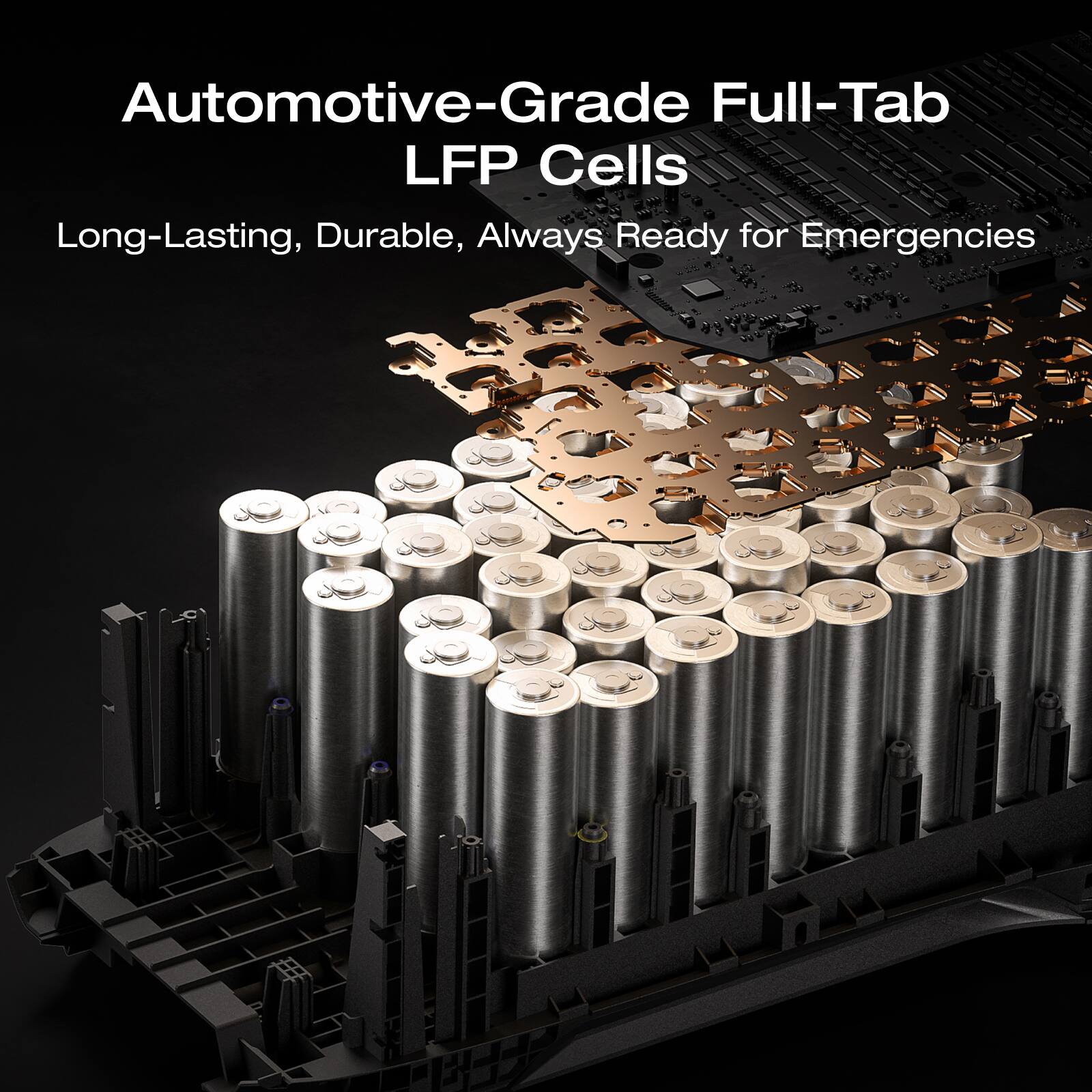 Automotive-Grade Full-Tab LFP Cells  
Long-Lasting, Durable, Always Ready for Emergencies