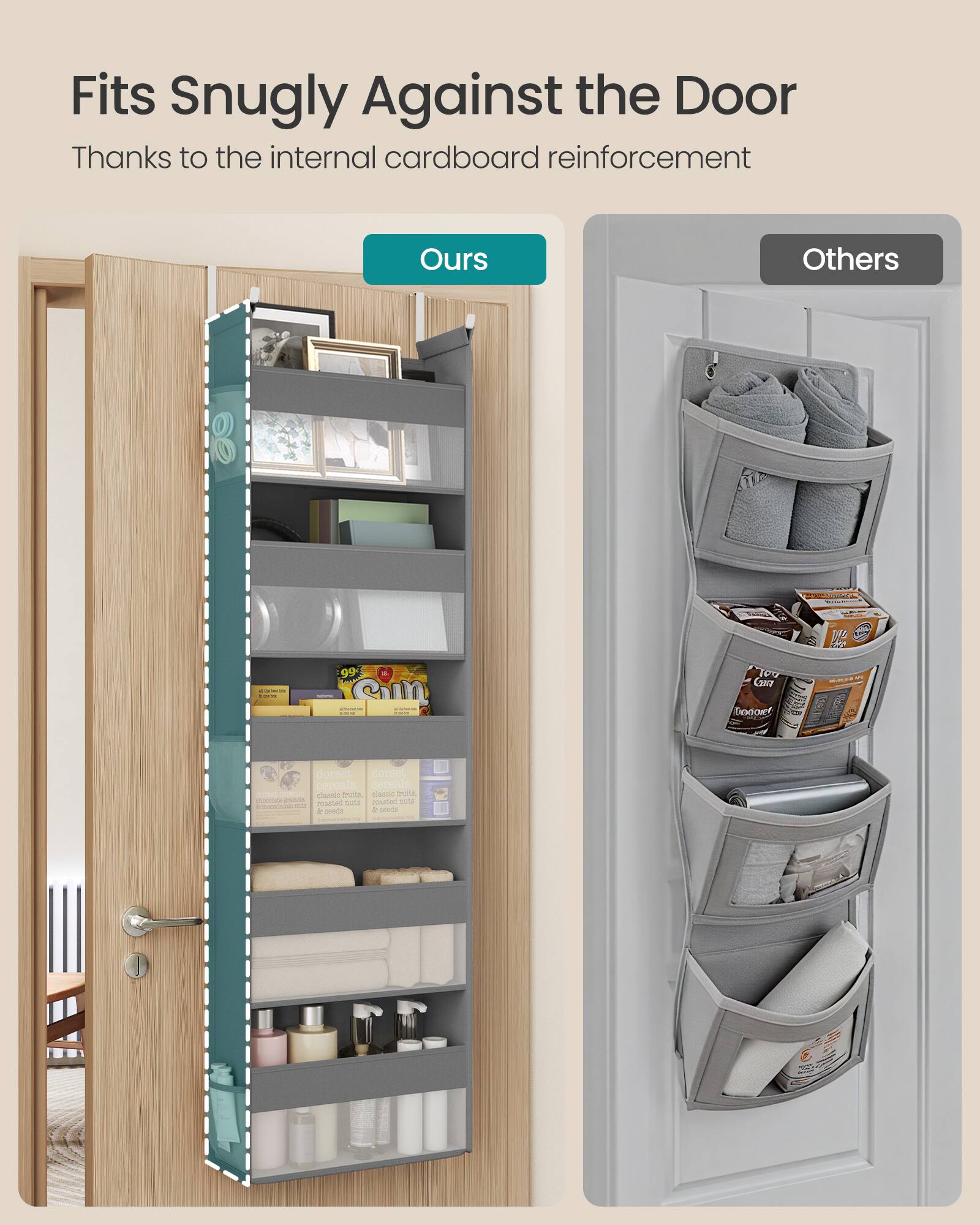Fits Snugly Against the Door Thanks to the internal cardboard reinforcement

Ours

Others