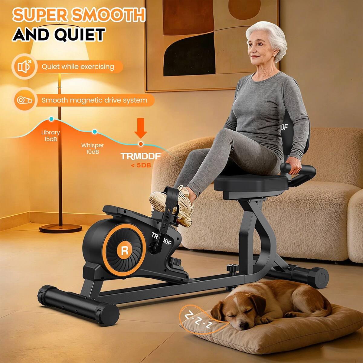 SUPER SMOOTH AND QUIET

Quiet while exercising

Smooth magnetic drive system

Library 15dB

Whisper 10dB

TRMDDF < 5dB