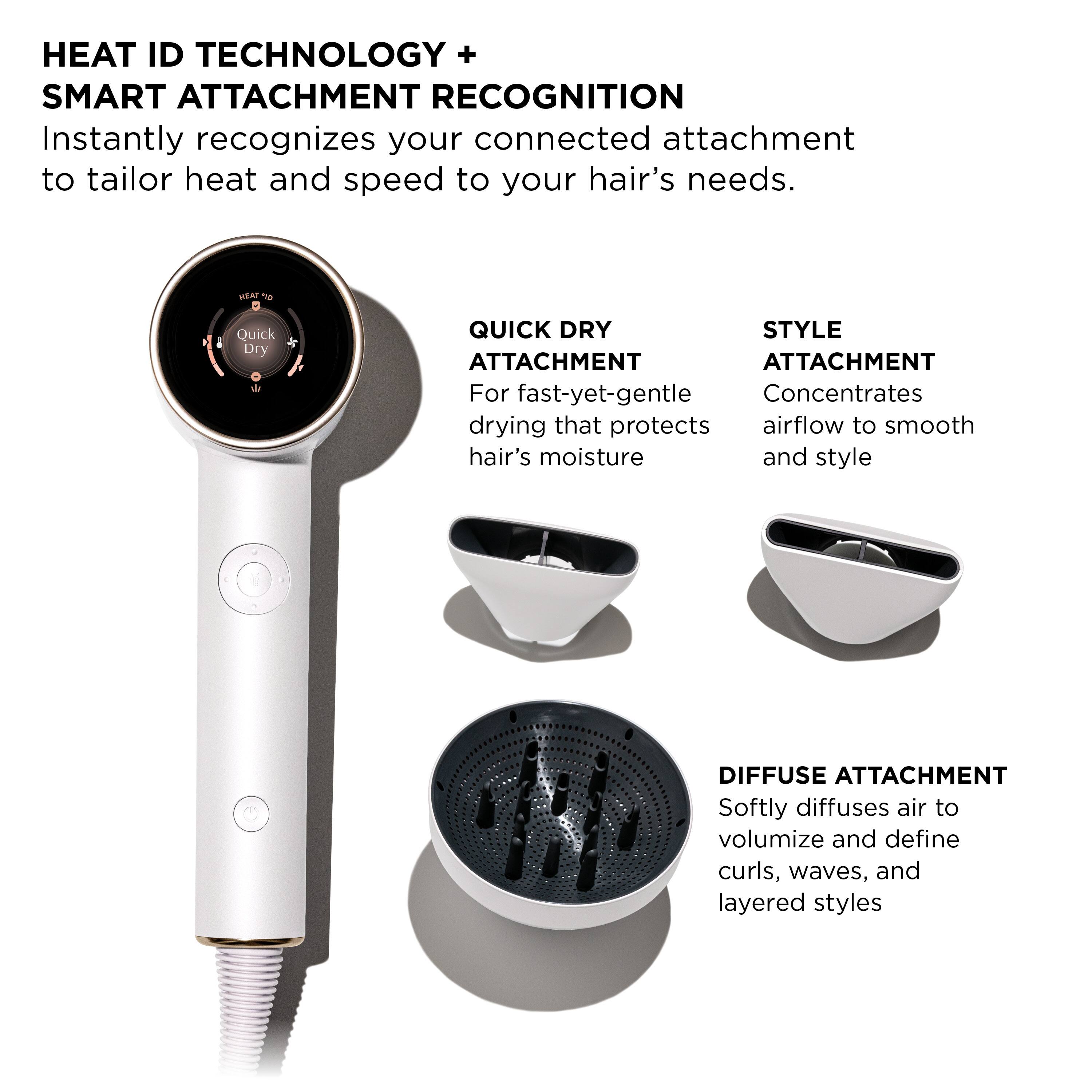 The text on the image is already grouped and correctly written. It reads:

HEAT ID TECHNOLOGY + SMART ATTACHMENT RECOGNITION Instantly recognizes your connected attachment to tailor heat and speed to your hair's needs.

WEAT 1 Quick Dry: Quick Dry Style Attachment - For fast-yet-gentle concentrates drying that protects airflow to smooth hair's moisture and style.

DIFFUSE ATTACHMENT: Softly diffuses air to volumize and define curls, waves, and layered styles.