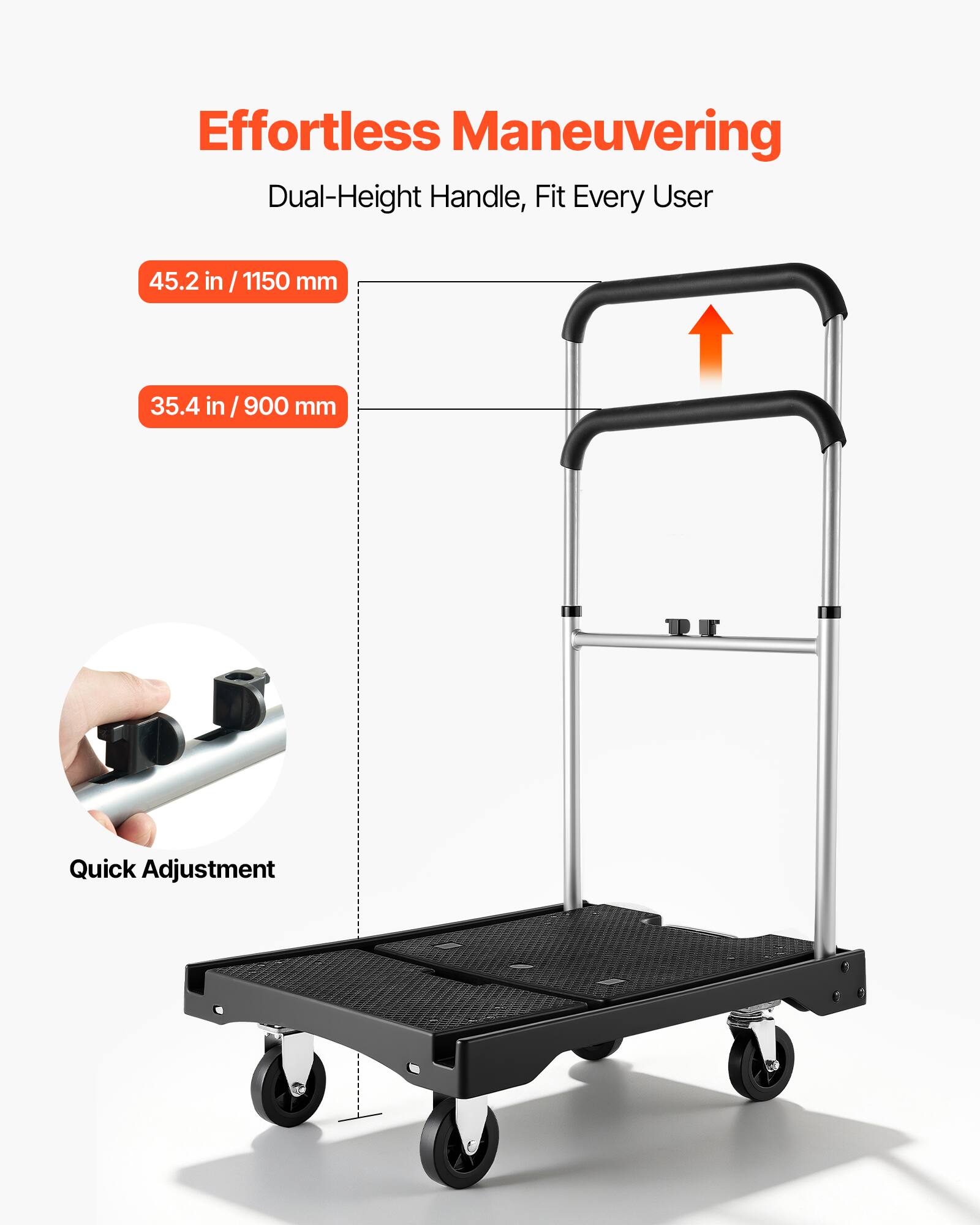 Effortless Maneuvering  
Dual-Height Handle, Fit Every User  

45.2 in / 1150 mm  
35.4 in / 900 mm  

Quick Adjustment