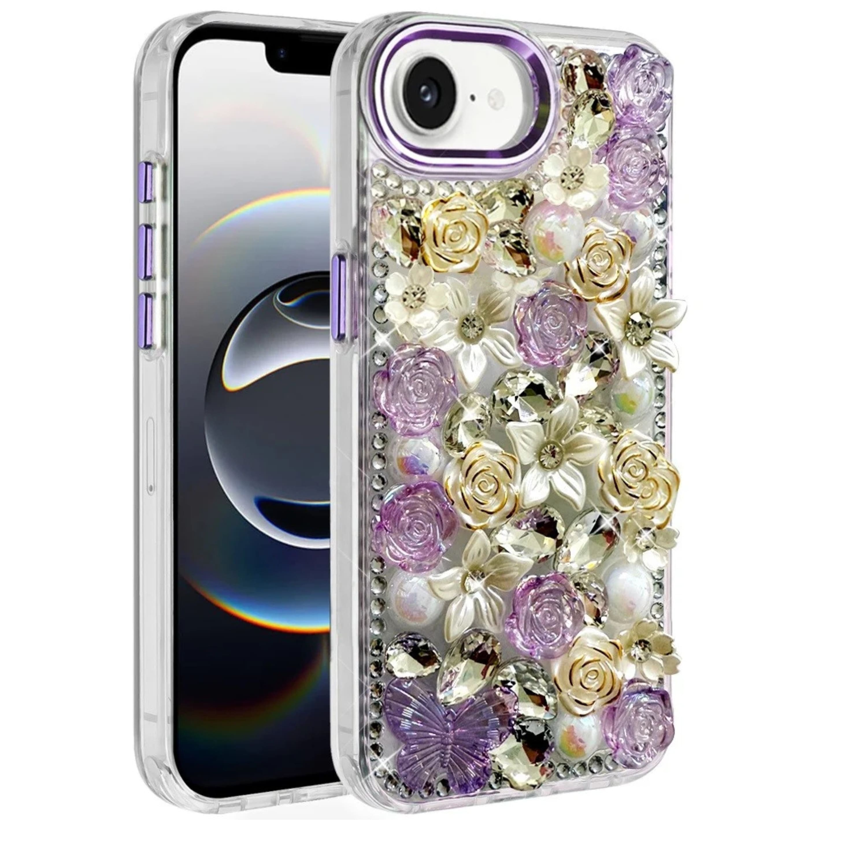 Kitcheniva - 3D Floral Arrangement Bling Rhinestone Phone Case With Tempered Glass For iPhone 16e 17e - Purple