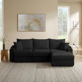 Yardgrace - 4-Seat L-Shaped Corduroy Sectional Sofa with USB Charging Ports, Phone Holders & Storage Armrests - Black